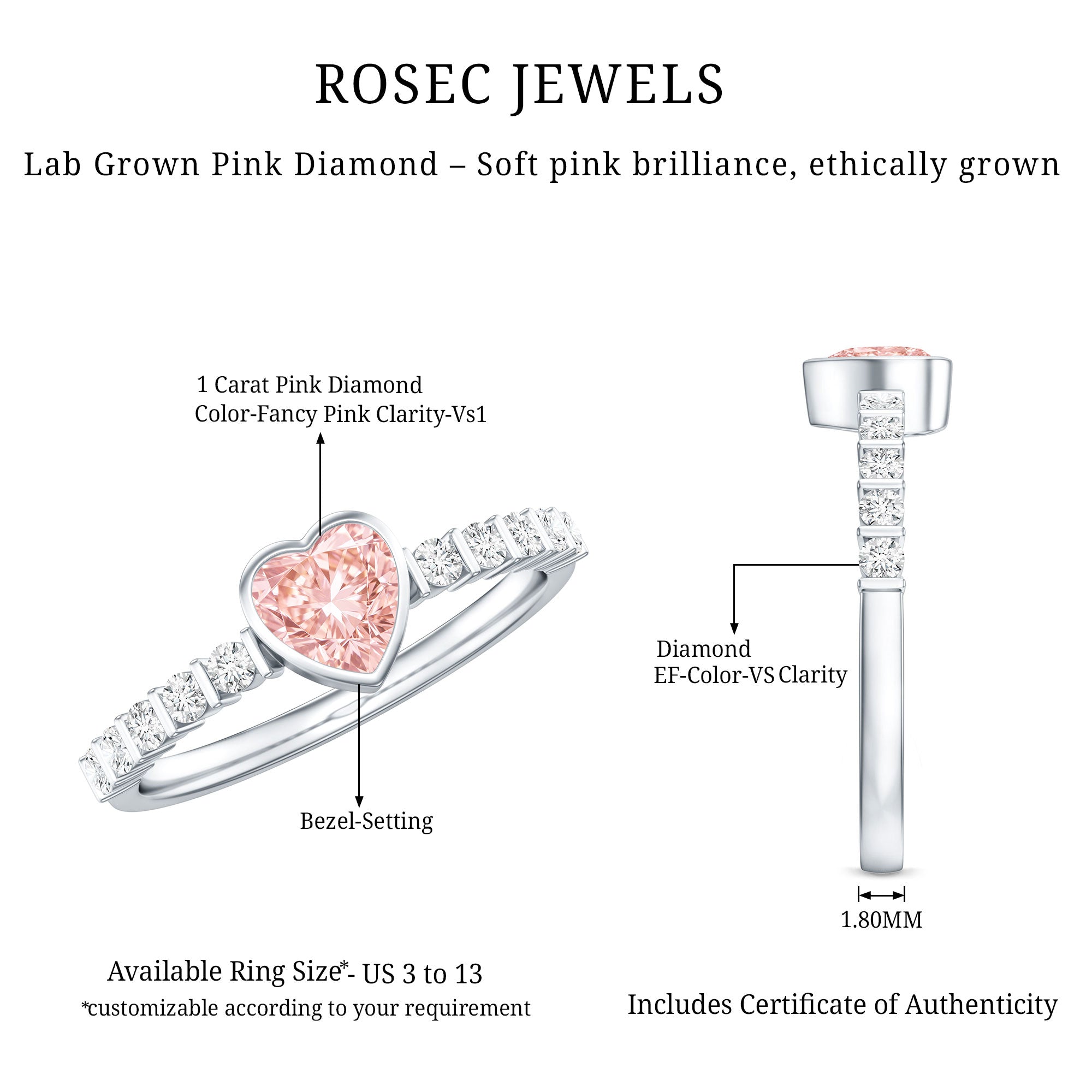 Lab Grown Pink Diamond Ring – 1 Ct Heart Shape Engagement Ring with Side Stones