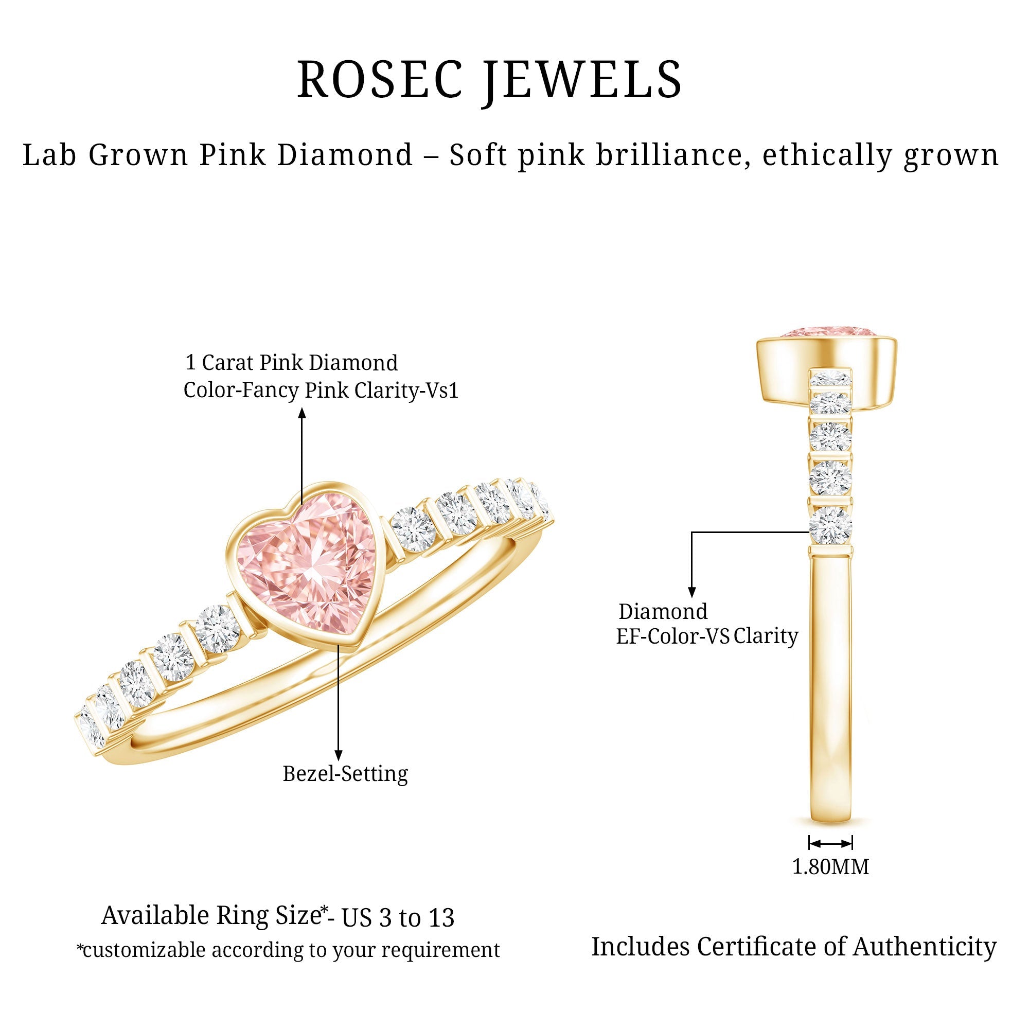 Lab Grown Pink Diamond Ring – 1 Ct Heart Shape Engagement Ring with Side Stones