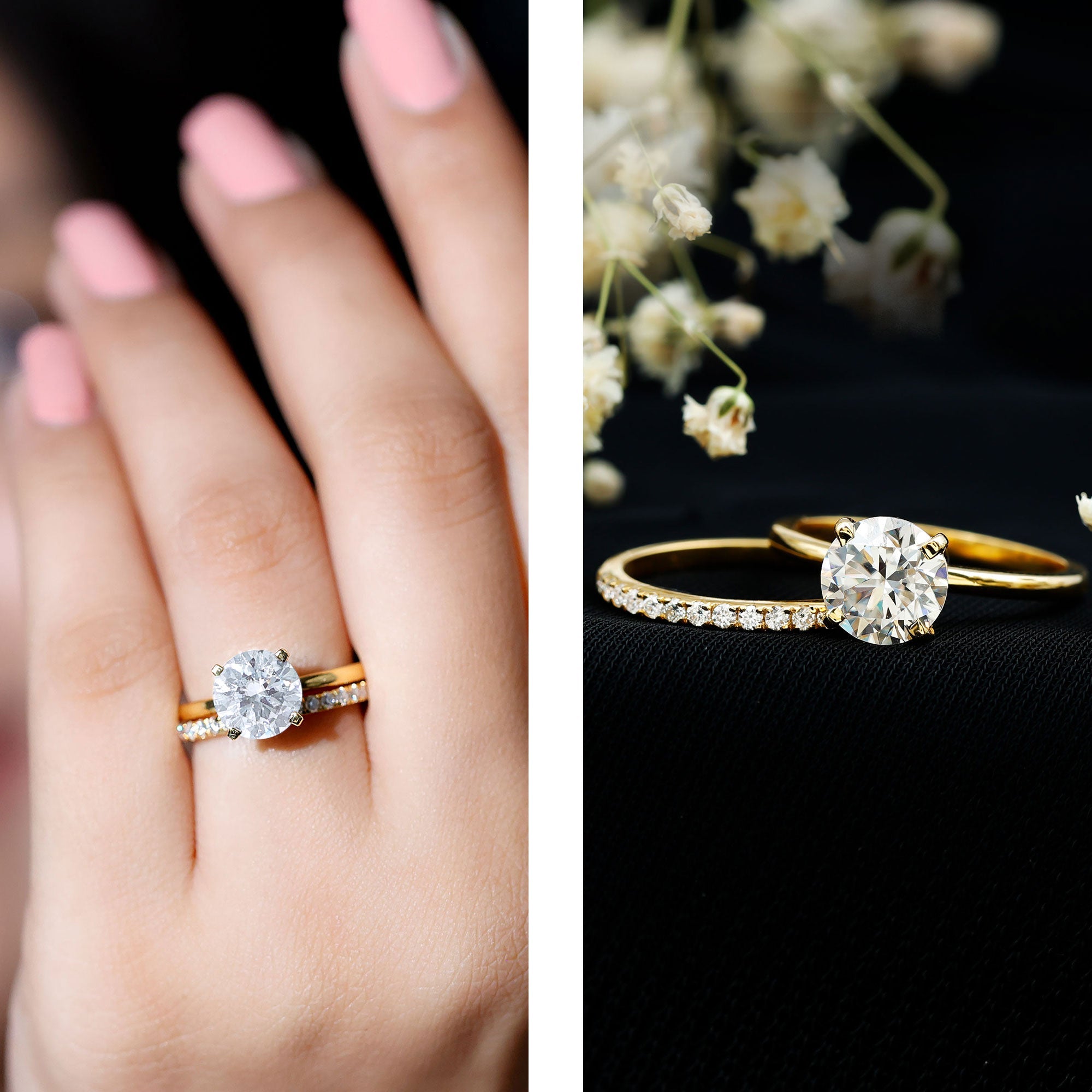 Moissanite Wedding Ring - Certified 2 Carat Solitaire Engagement Set | Gold Plated Silver