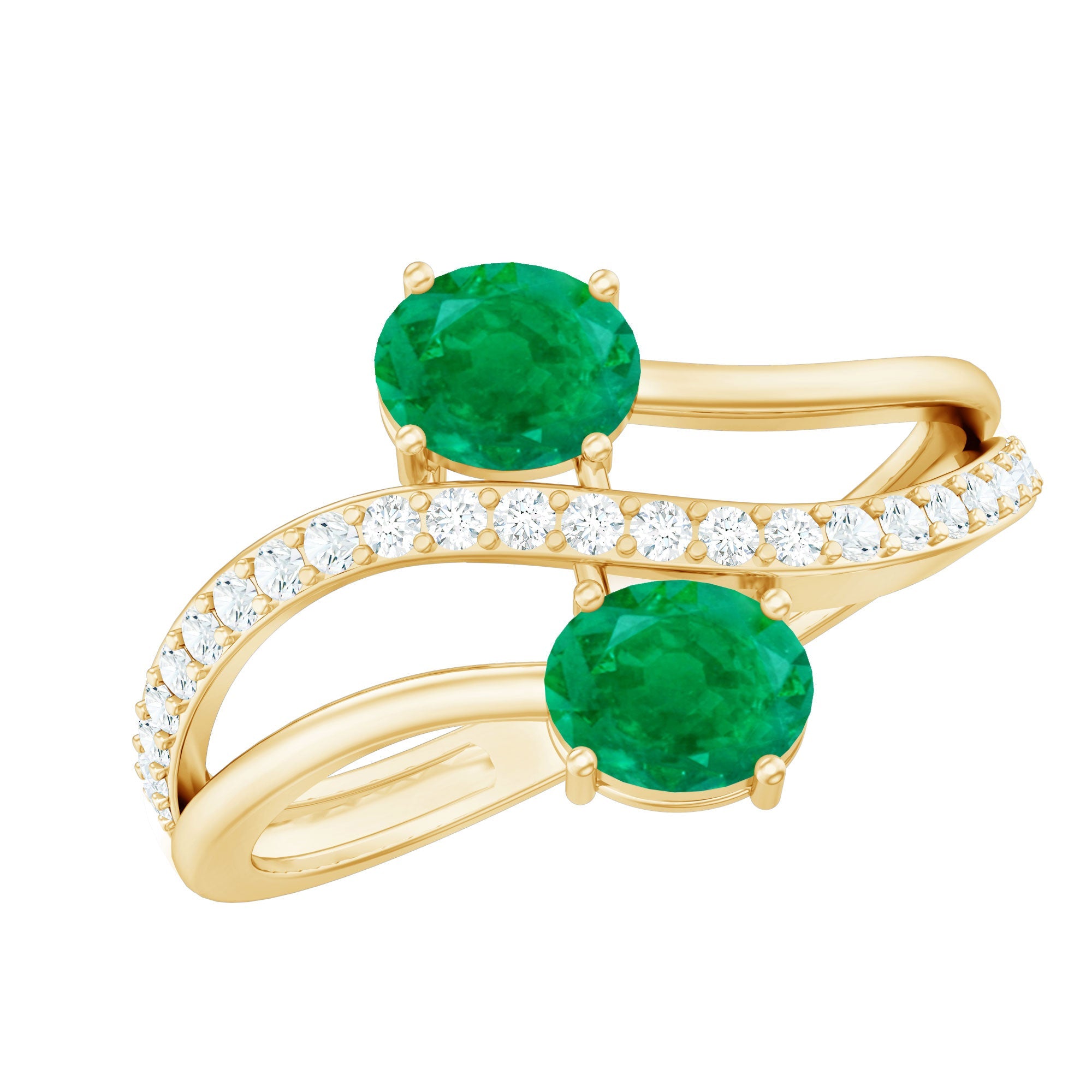 Emerald Engagement Ring - Two Stone Oval Emerald Bypass Design with Diamond Accents
