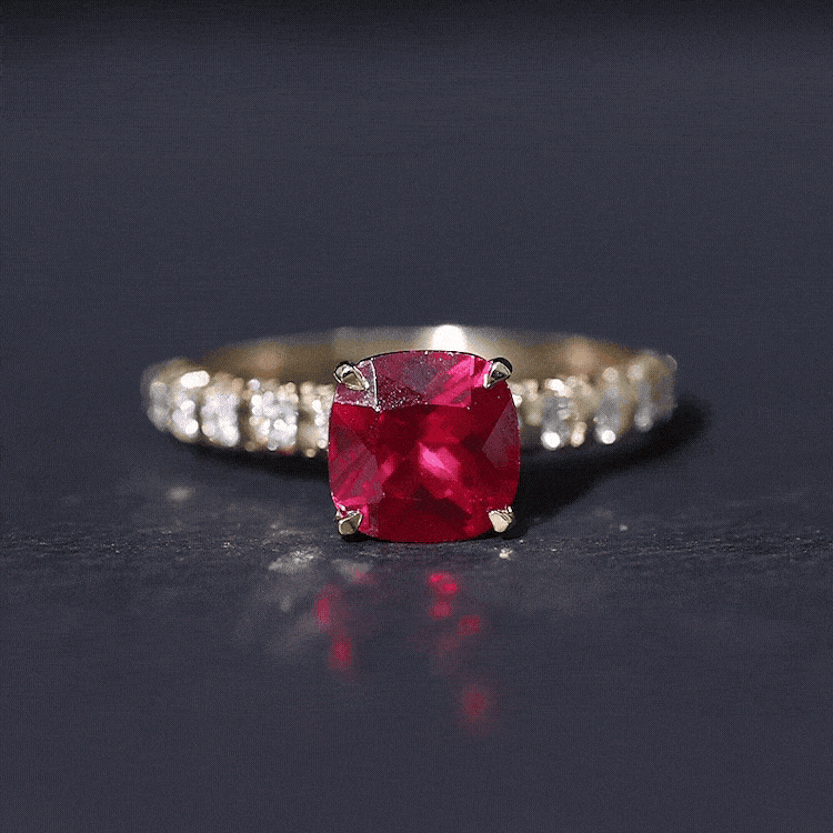Lab Created Ruby Ring – 2 Carat Cushion Cut Ruby Engagement Ring With Diamond Side Stones
