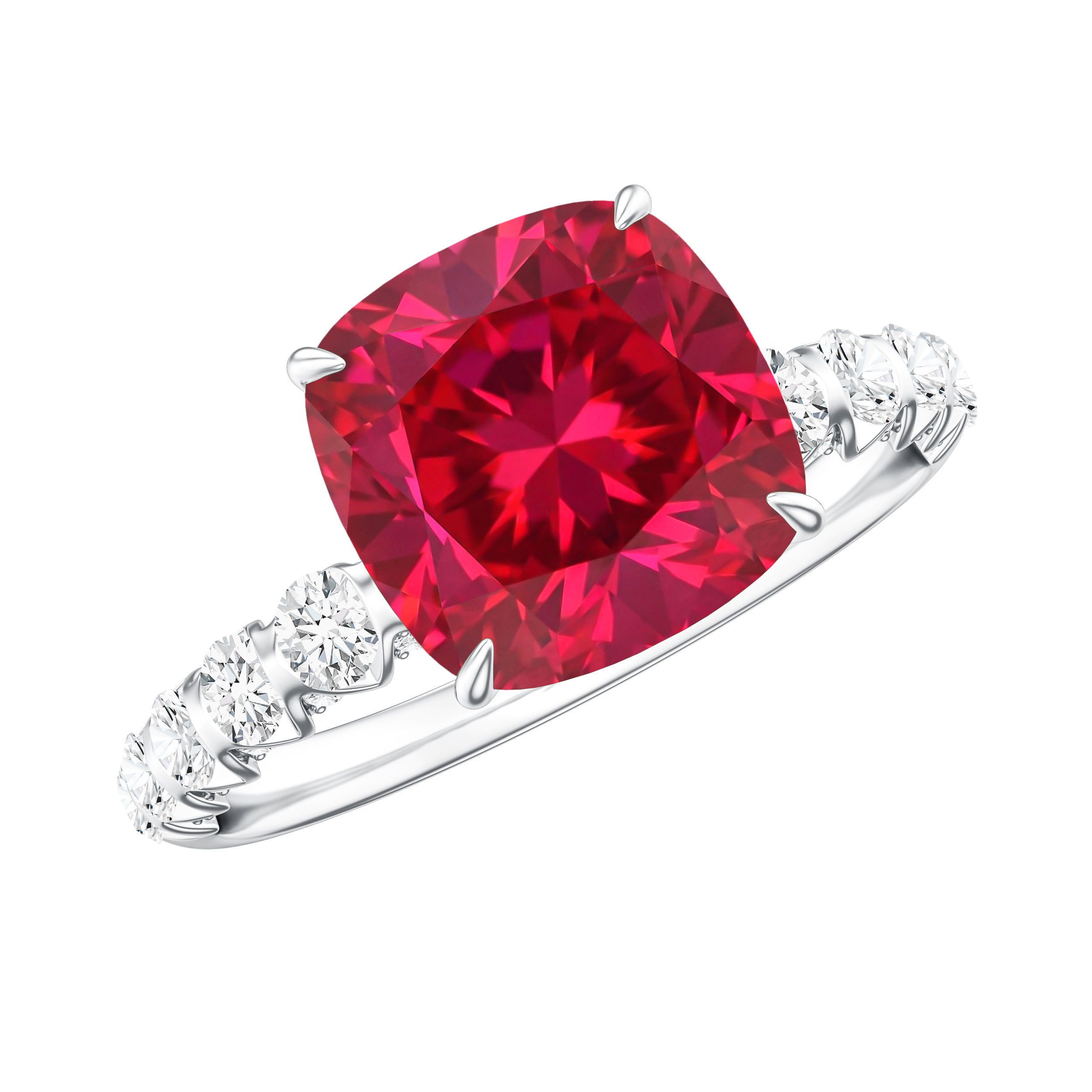 Lab Created Ruby Ring – 2 Carat Cushion Cut Ruby Engagement Ring With Diamond Side Stones