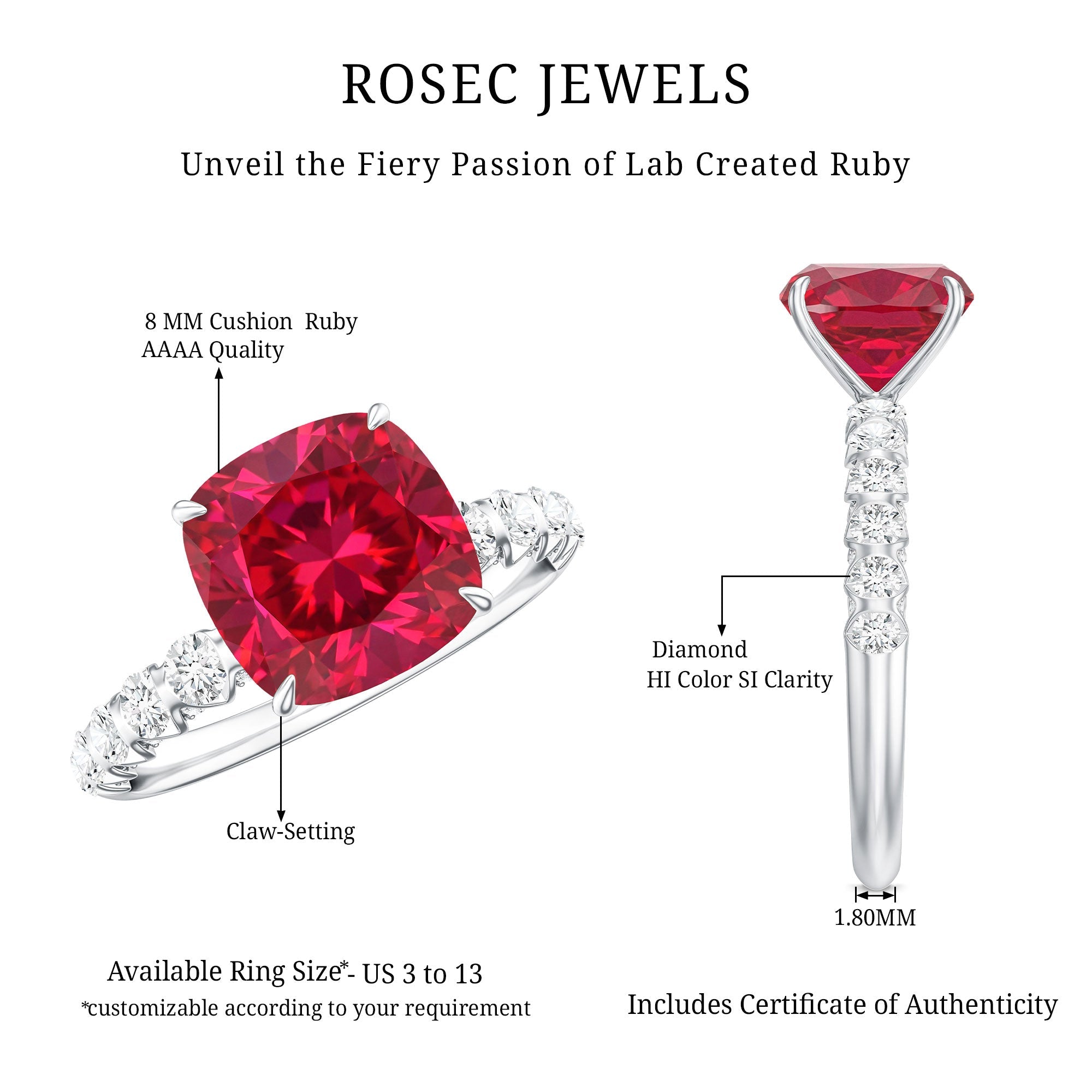 Lab Created Ruby Ring – 2 Carat Cushion Cut Ruby Engagement Ring With Diamond Side Stones
