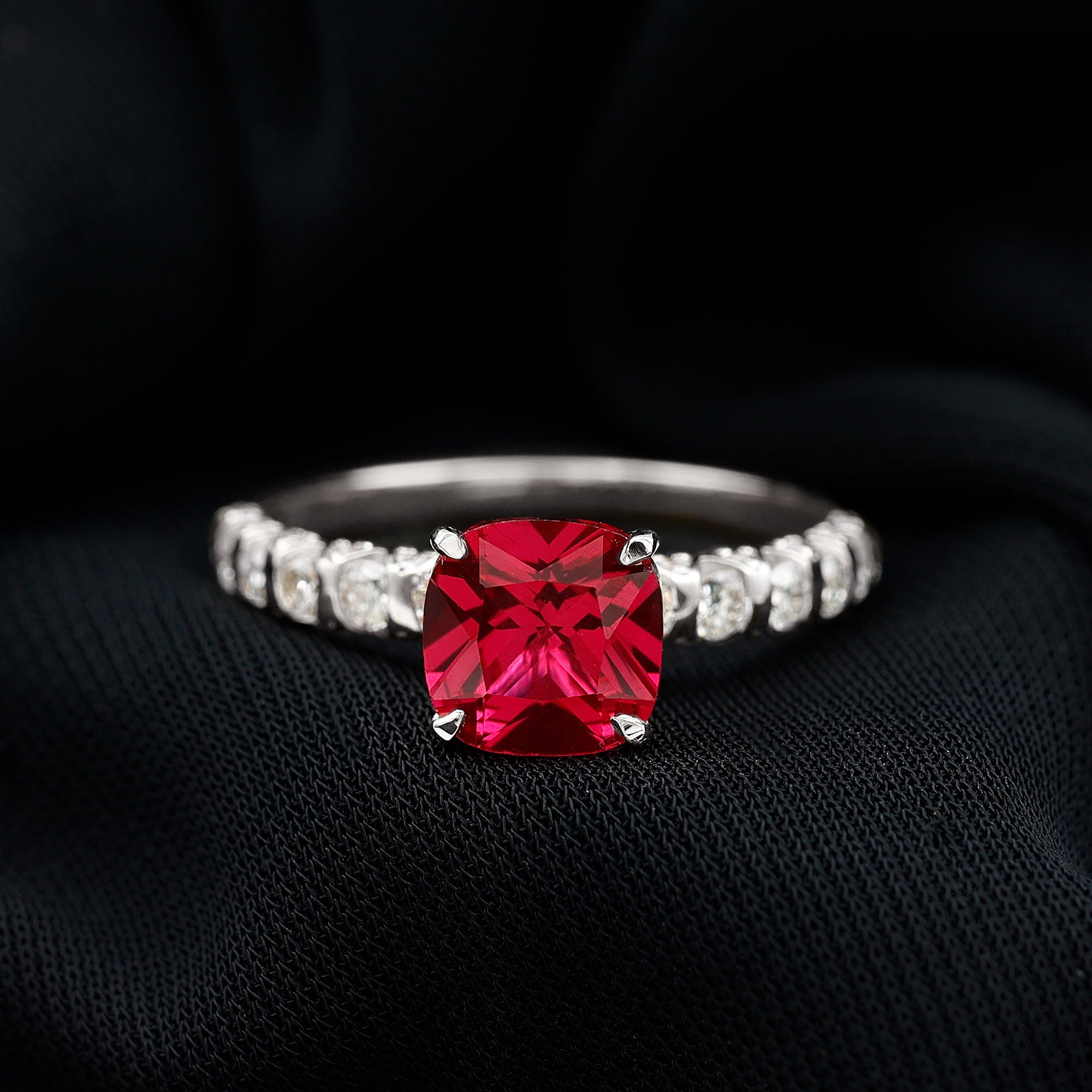 Lab Created Ruby Ring – 2 Carat Cushion Cut Ruby Engagement Ring With Diamond Side Stones