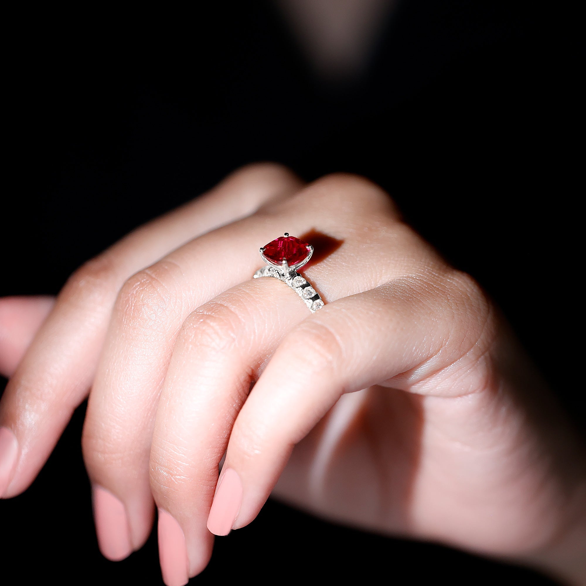 Lab Created Ruby Ring – 2 Carat Cushion Cut Ruby Engagement Ring With Diamond Side Stones