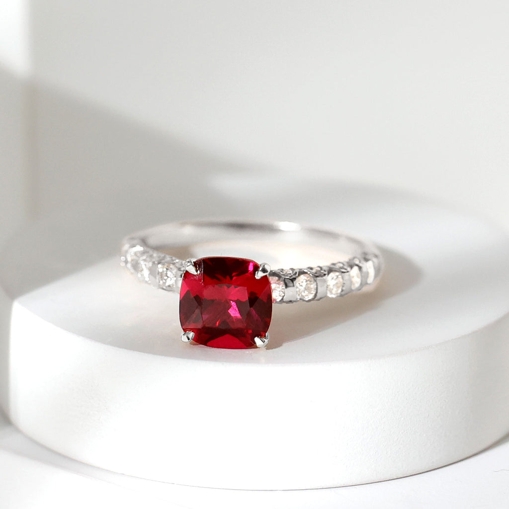 Lab Created Ruby Ring – 2 Carat Cushion Cut Ruby Engagement Ring With Diamond Side Stones