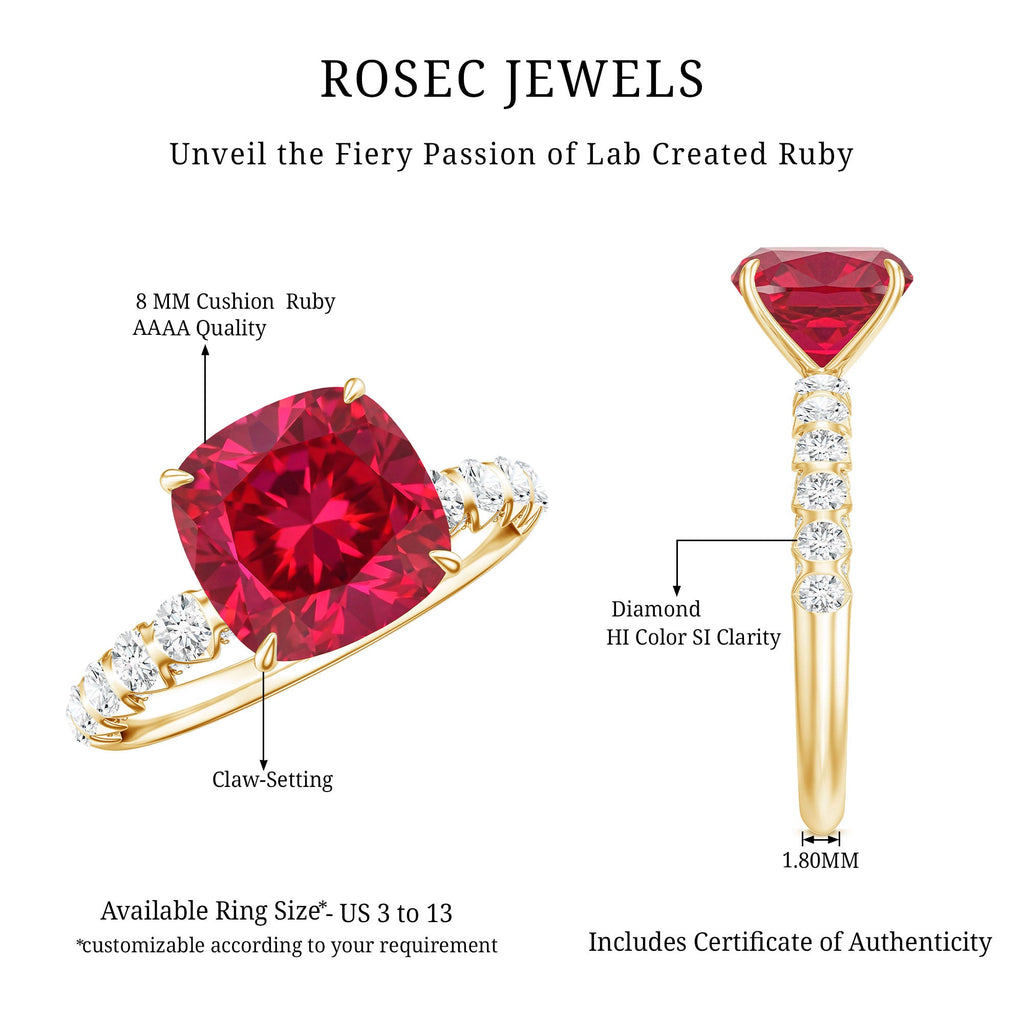 Lab Created Ruby Ring – 2 Carat Cushion Cut Ruby Engagement Ring With Diamond Side Stones
