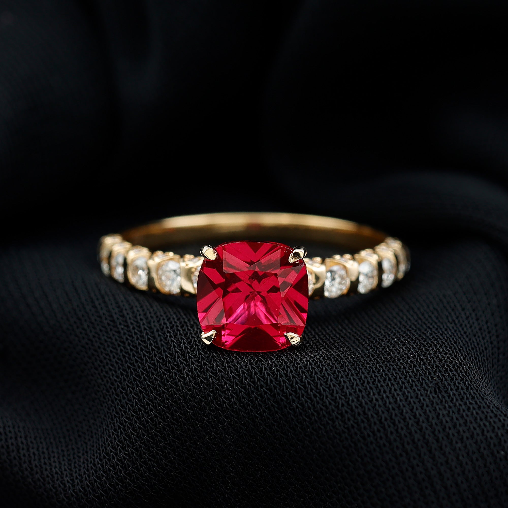 Lab Created Ruby Ring – 2 Carat Cushion Cut Ruby Engagement Ring With Diamond Side Stones