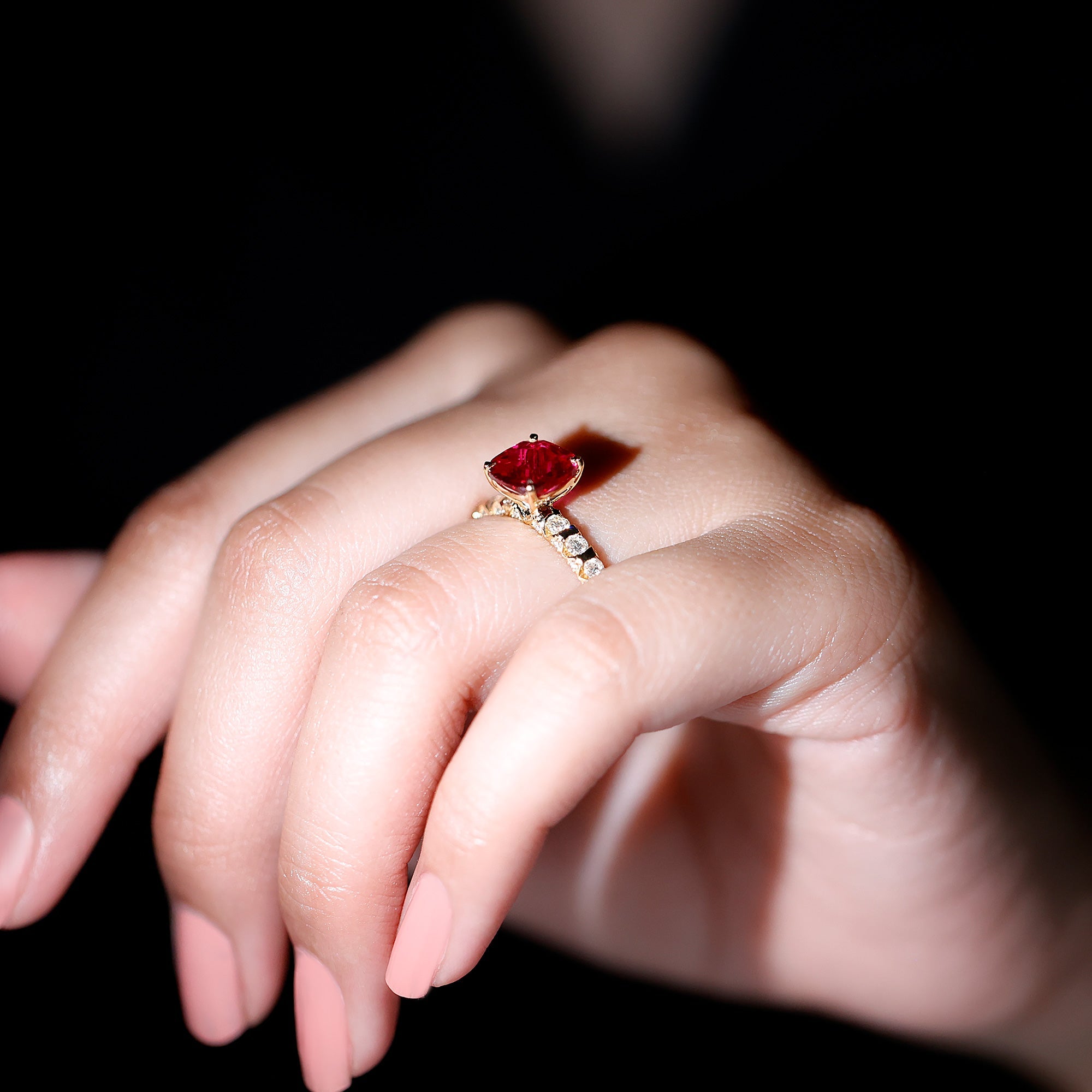 Lab Created Ruby Ring – 2 Carat Cushion Cut Ruby Engagement Ring With Diamond Side Stones