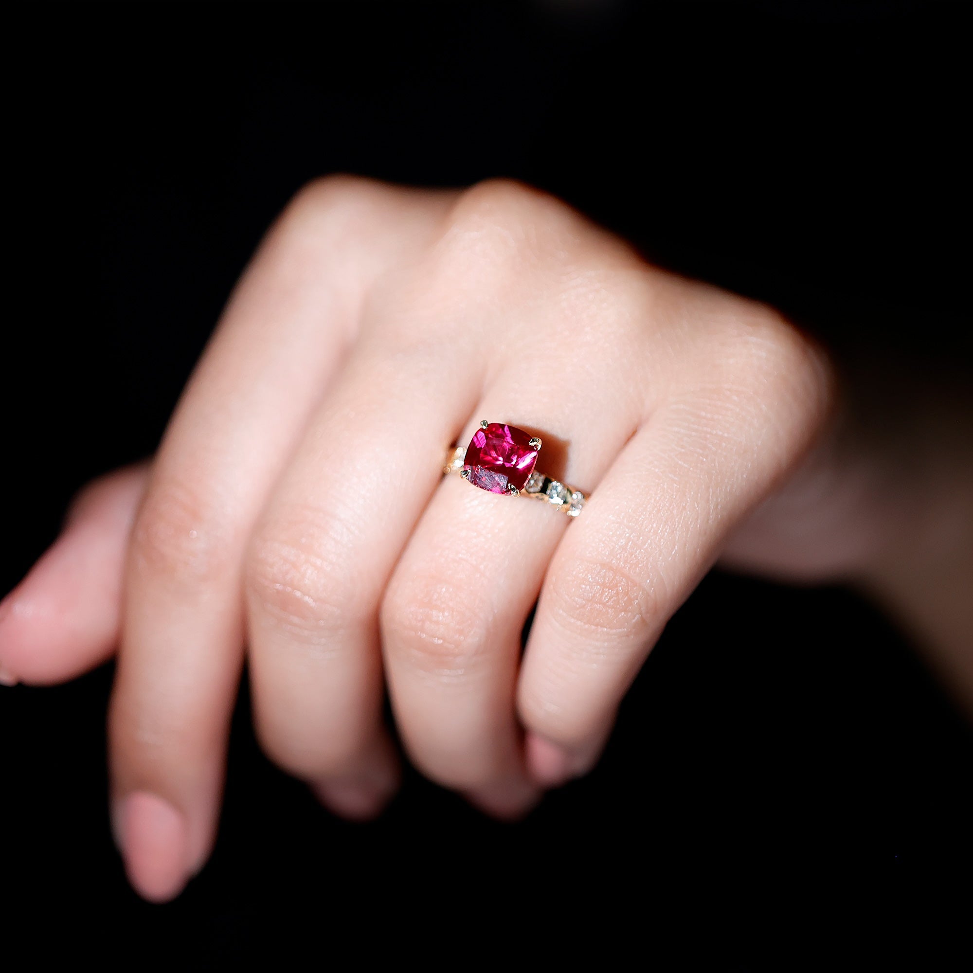 Lab Created Ruby Ring – 2 Carat Cushion Cut Ruby Engagement Ring With Diamond Side Stones