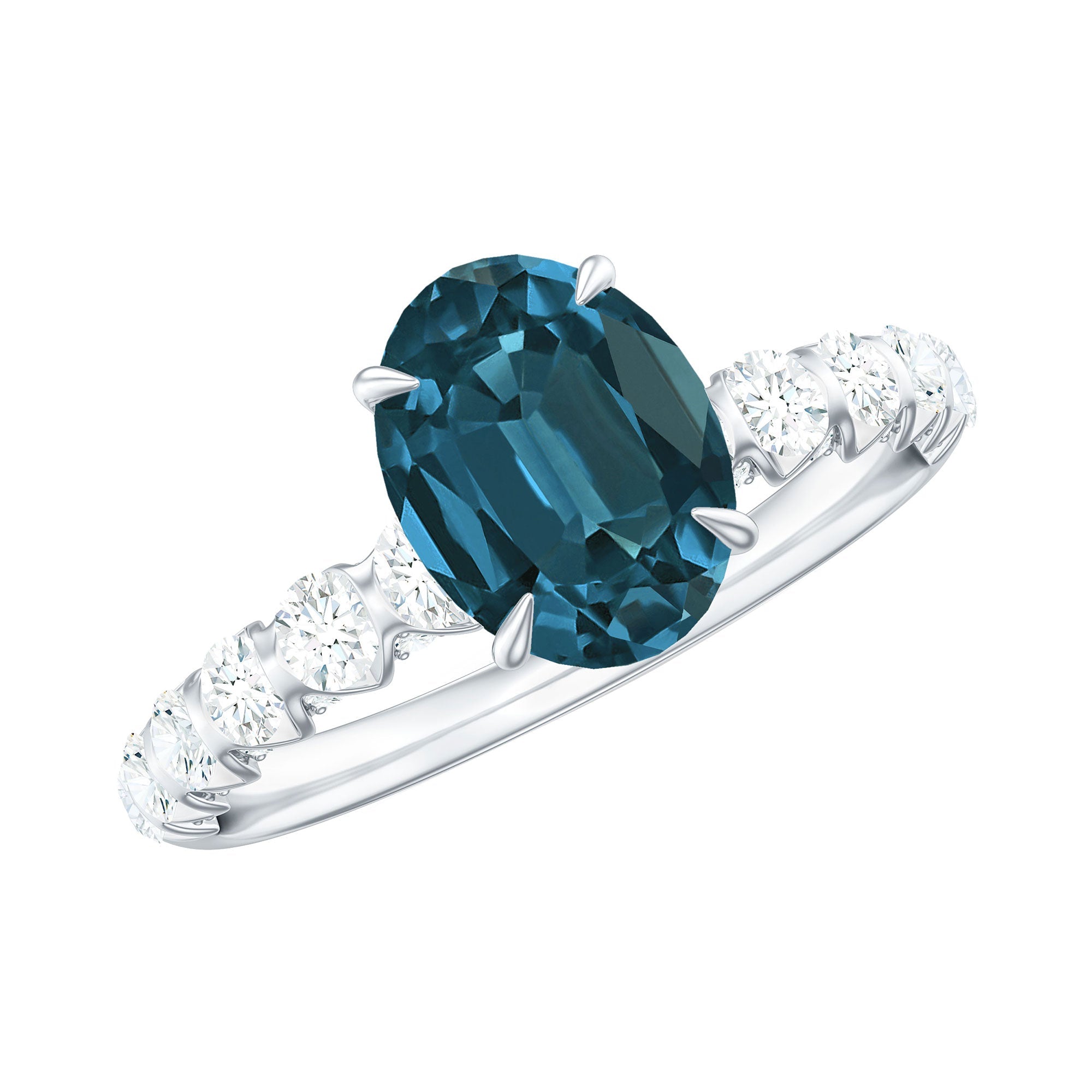 1 Carat Oval Cut London Blue Topaz Solitaire Engagement Ring with Diamond Side Stones
