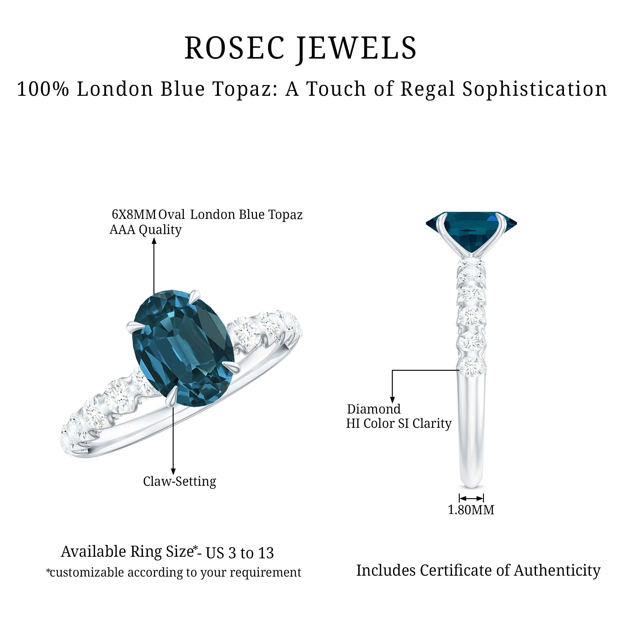 1 Carat Oval Cut London Blue Topaz Solitaire Engagement Ring with Diamond Side Stones