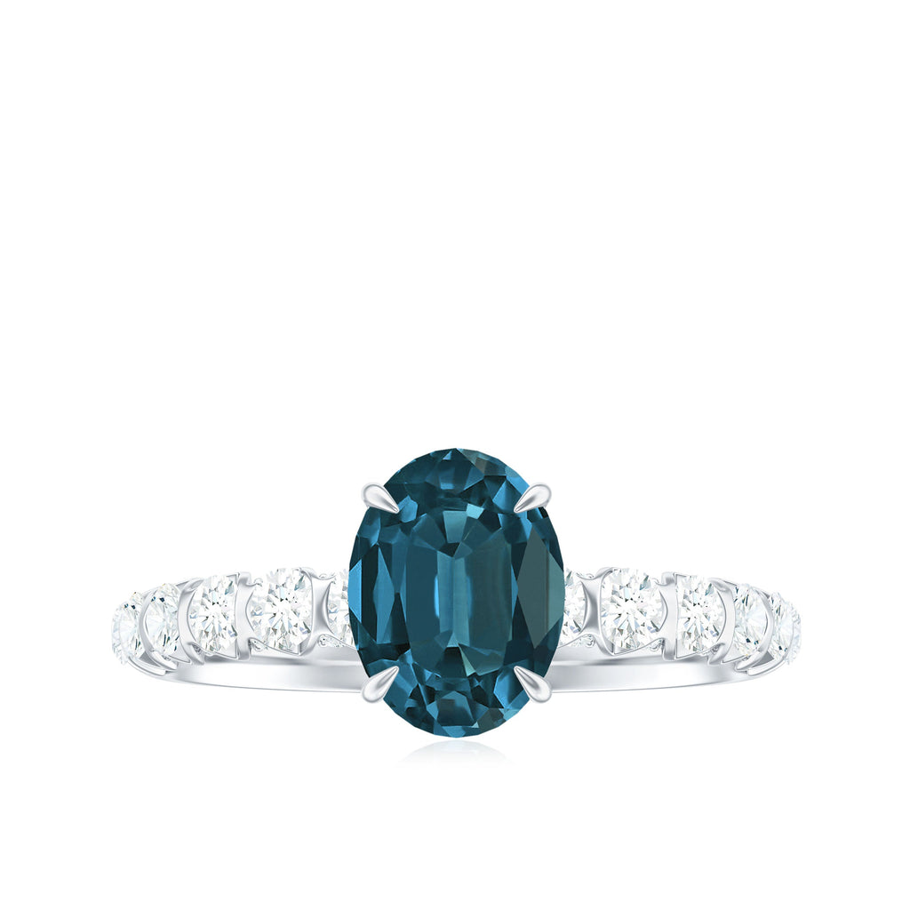 1 Carat Oval Cut London Blue Topaz Solitaire Engagement Ring with Diamond Side Stones