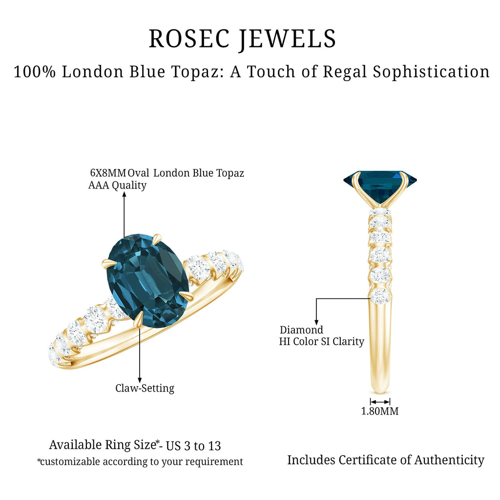 1 Carat Oval Cut London Blue Topaz Solitaire Engagement Ring with Diamond Side Stones