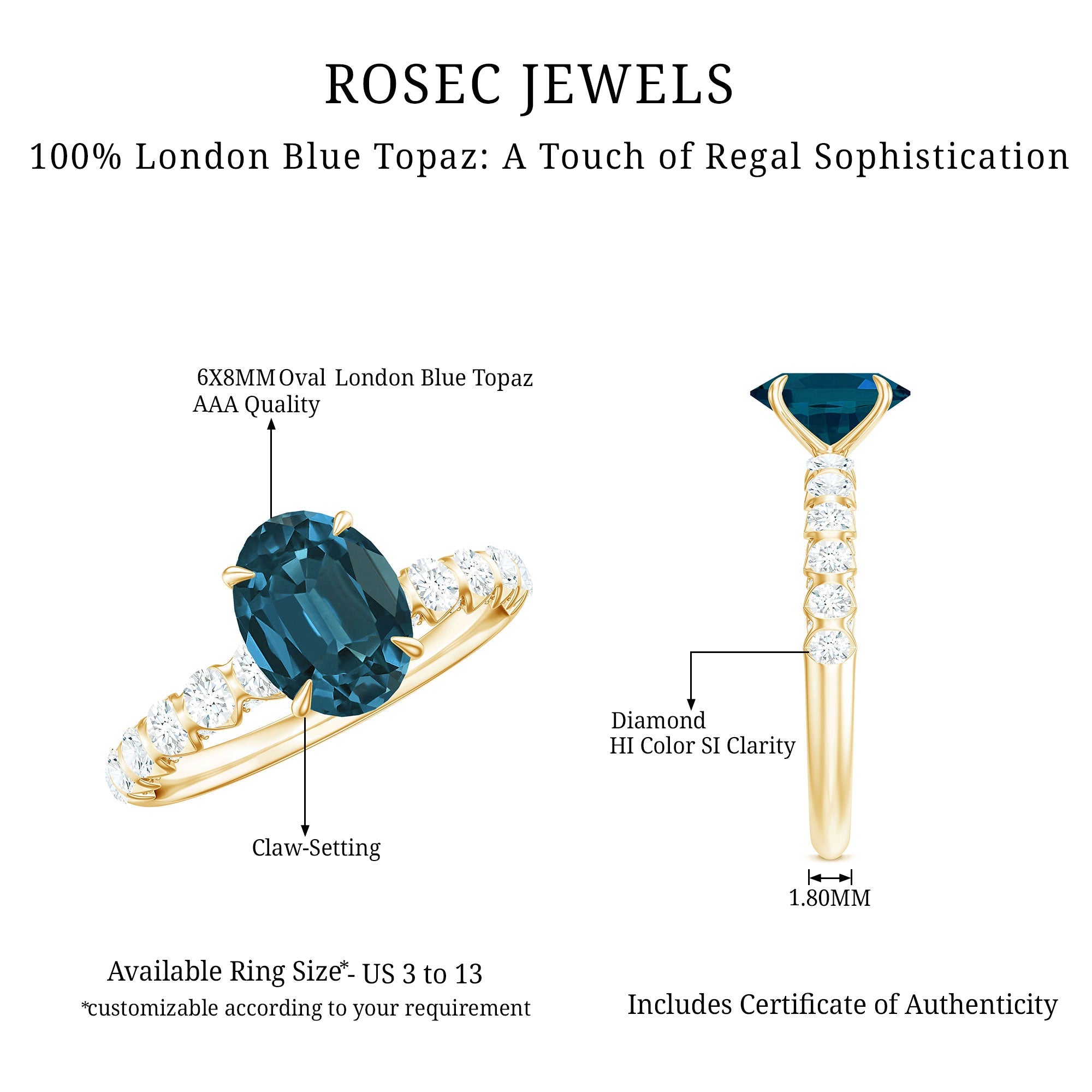 1 Carat Oval Cut London Blue Topaz Solitaire Engagement Ring with Diamond Side Stones