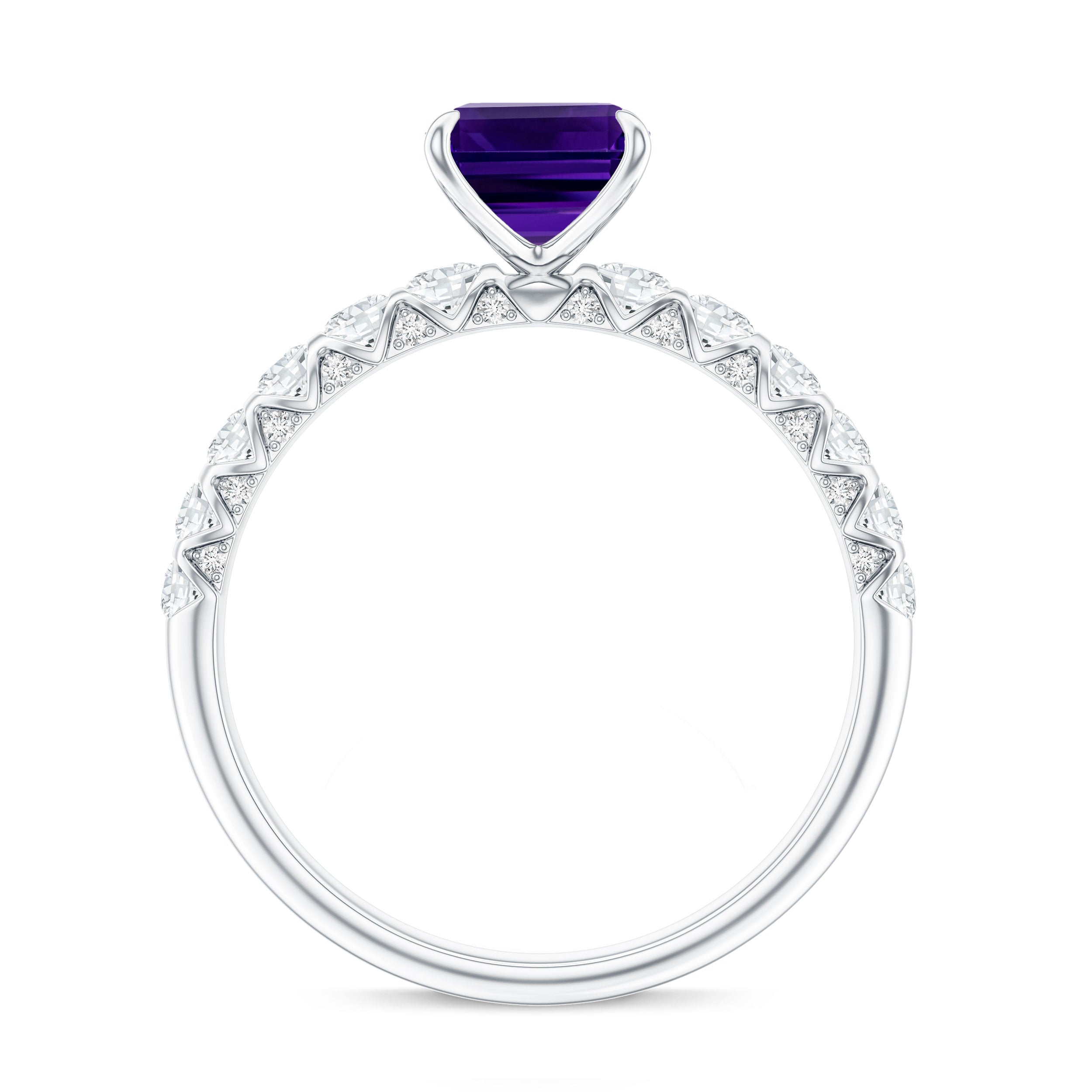 Real 1.4 Carat Amethyst Emerald Cut Engagement Ring with Diamond