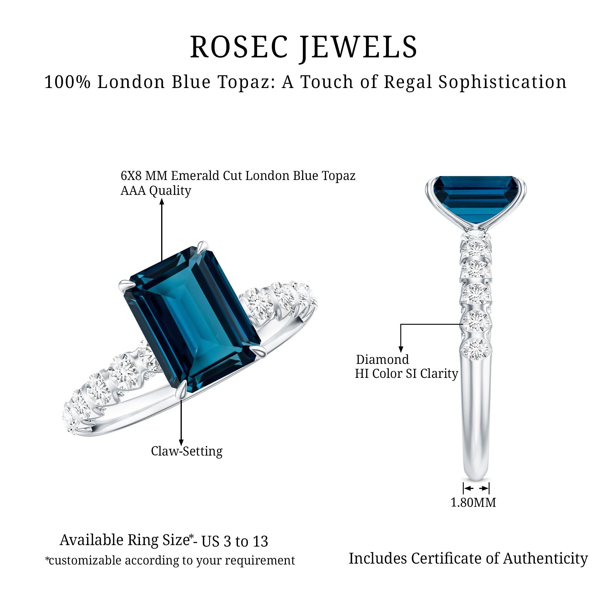 2.25 Carat Emerald Cut London Blue Topaz Engagement Ring with Diamond Side Stones