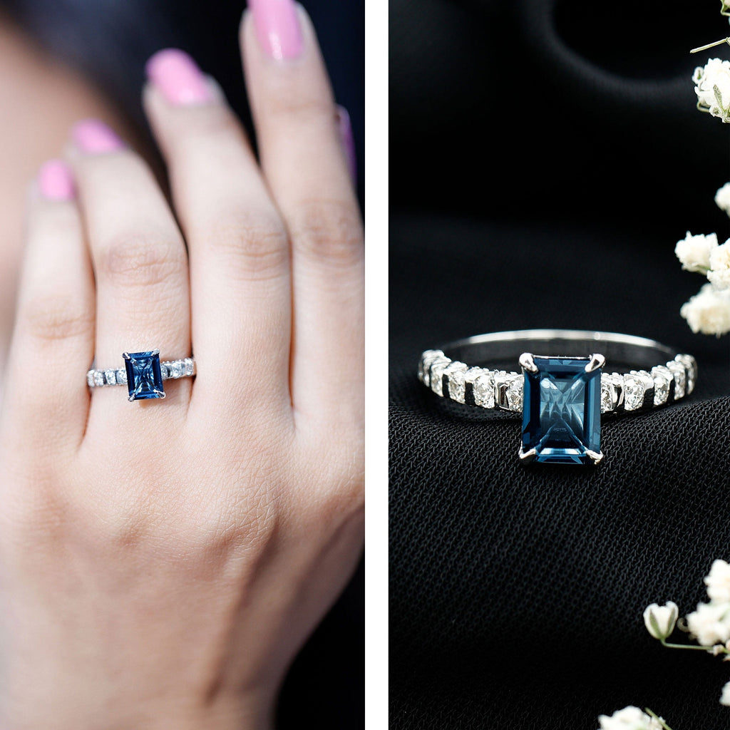 2.25 Carat Emerald Cut London Blue Topaz Engagement Ring with Diamond Side Stones