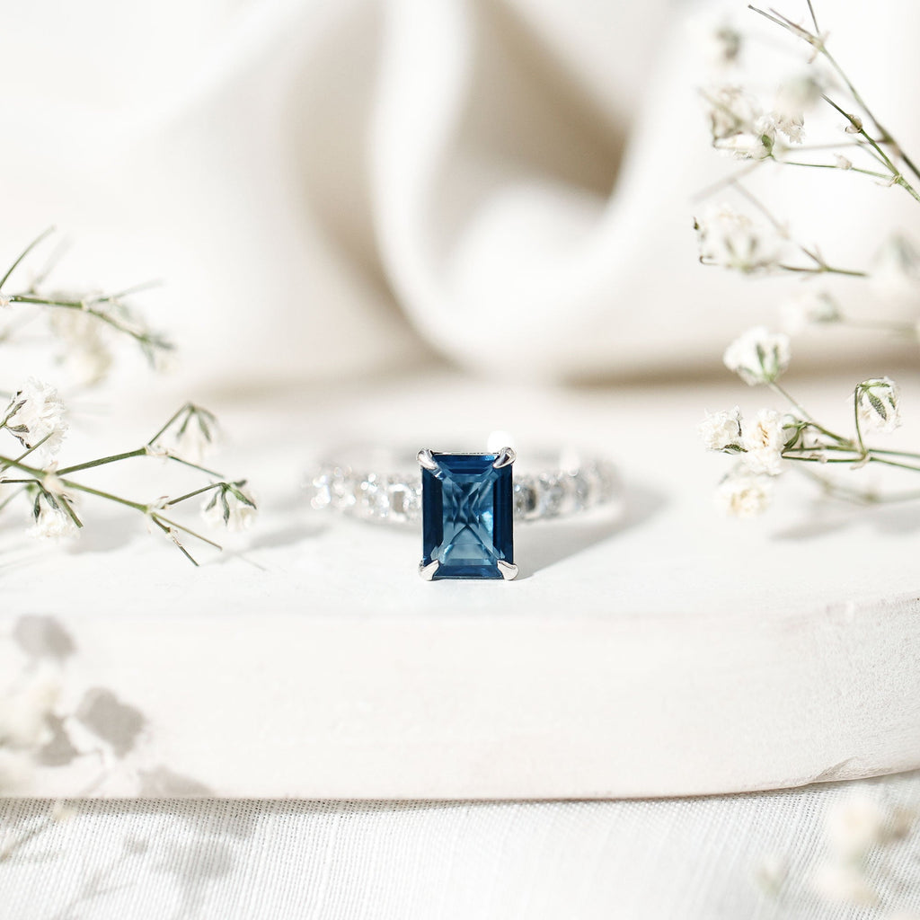 2.25 Carat Emerald Cut London Blue Topaz Engagement Ring with Diamond Side Stones
