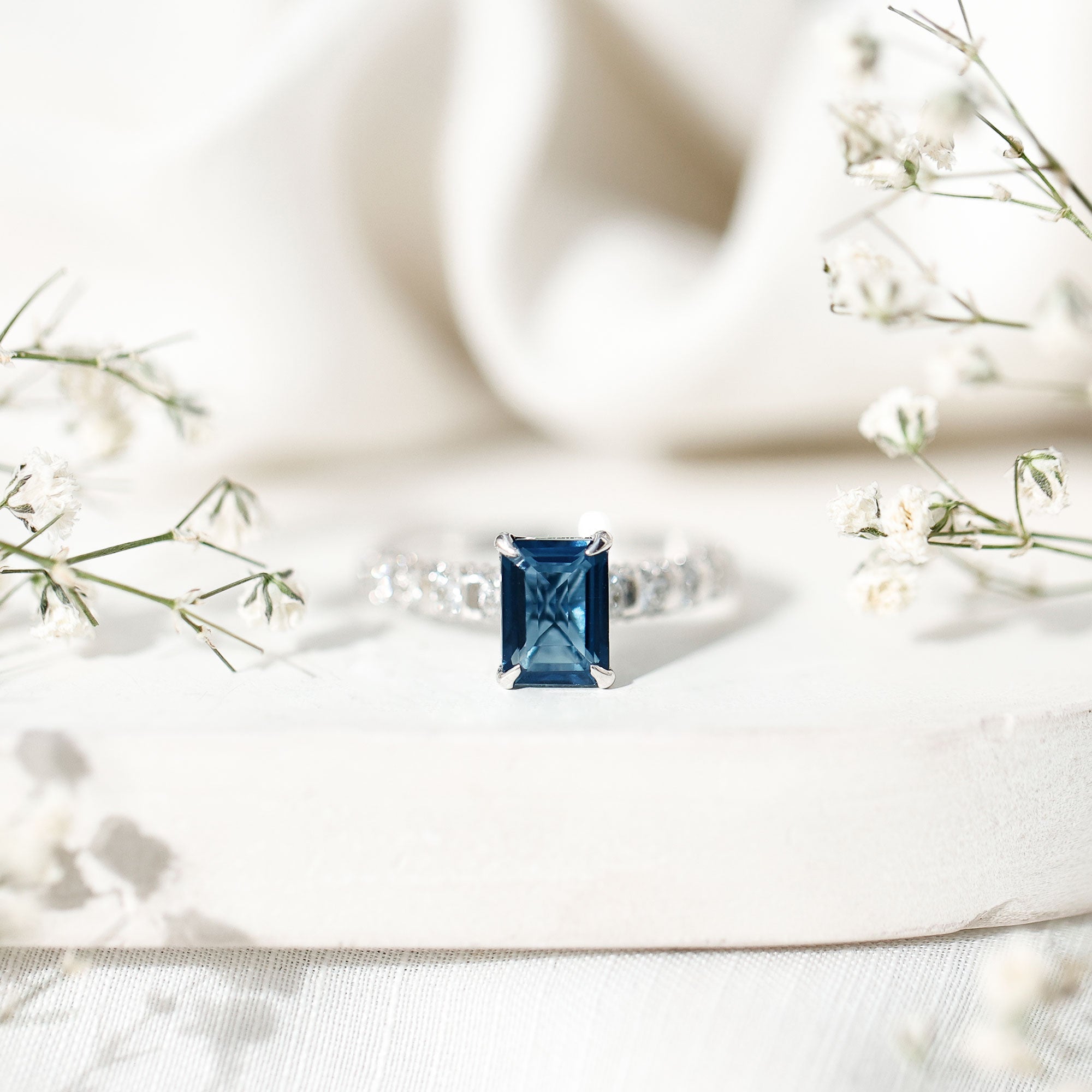 2.25 Carat Emerald Cut London Blue Topaz Engagement Ring with Diamond Side Stones