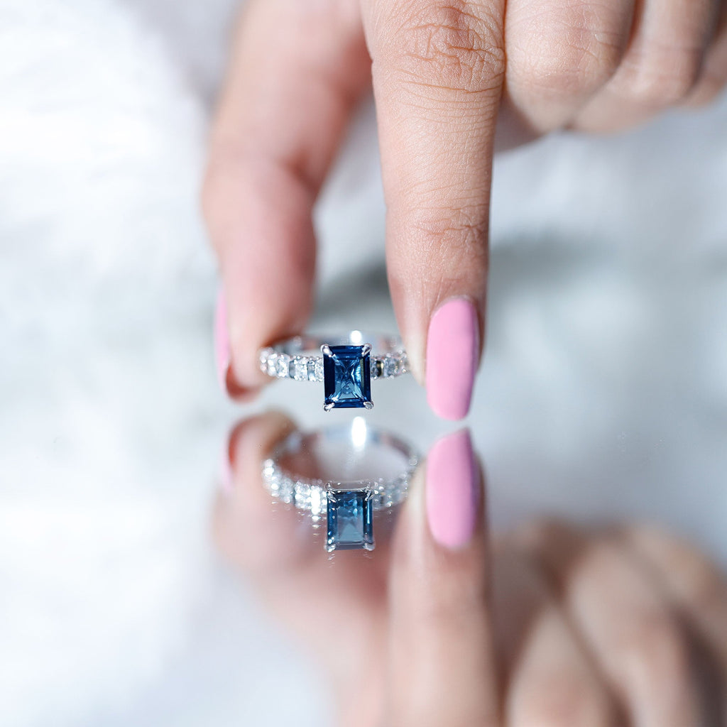 2.25 Carat Emerald Cut London Blue Topaz Engagement Ring with Diamond Side Stones