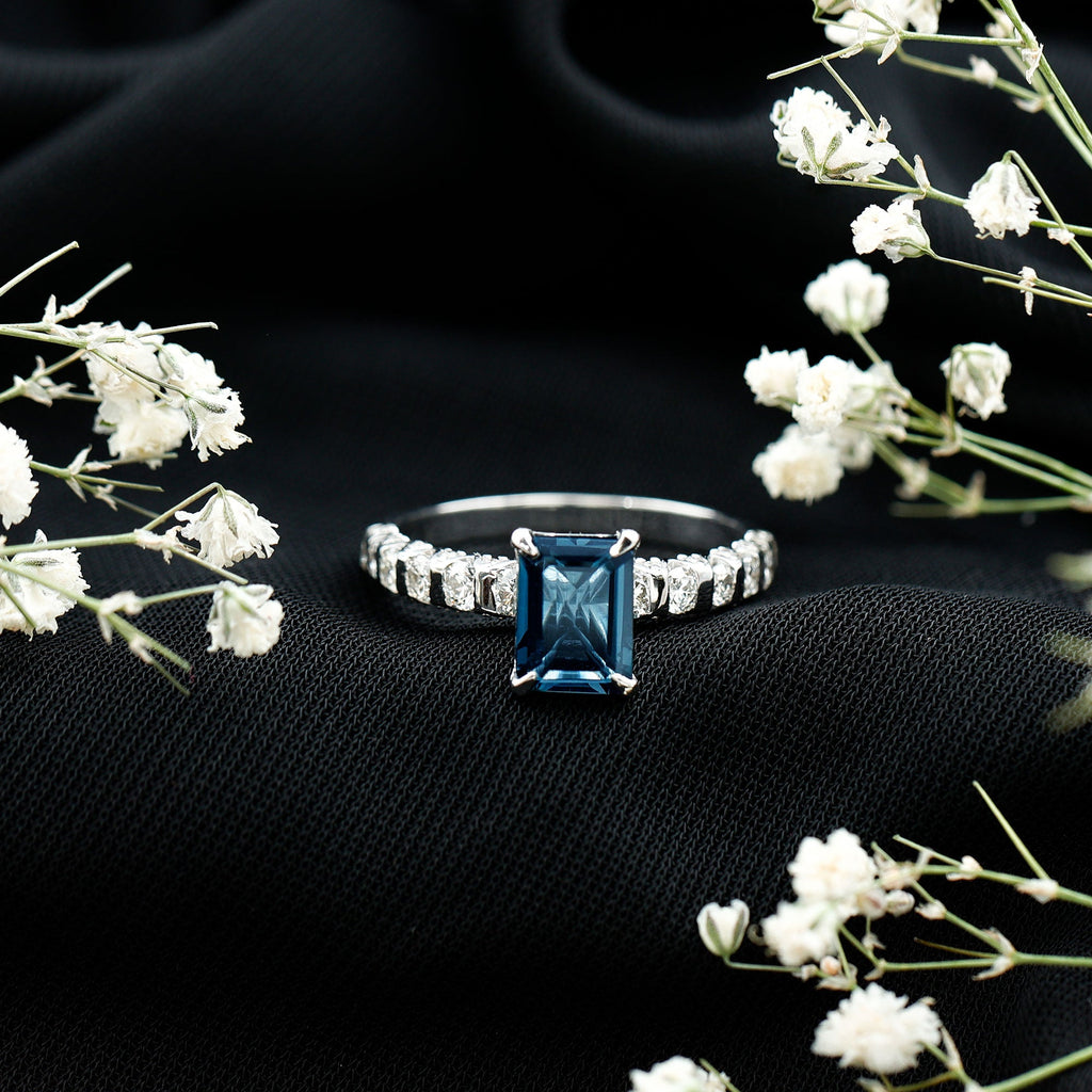 2.25 Carat Emerald Cut London Blue Topaz Engagement Ring with Diamond Side Stones