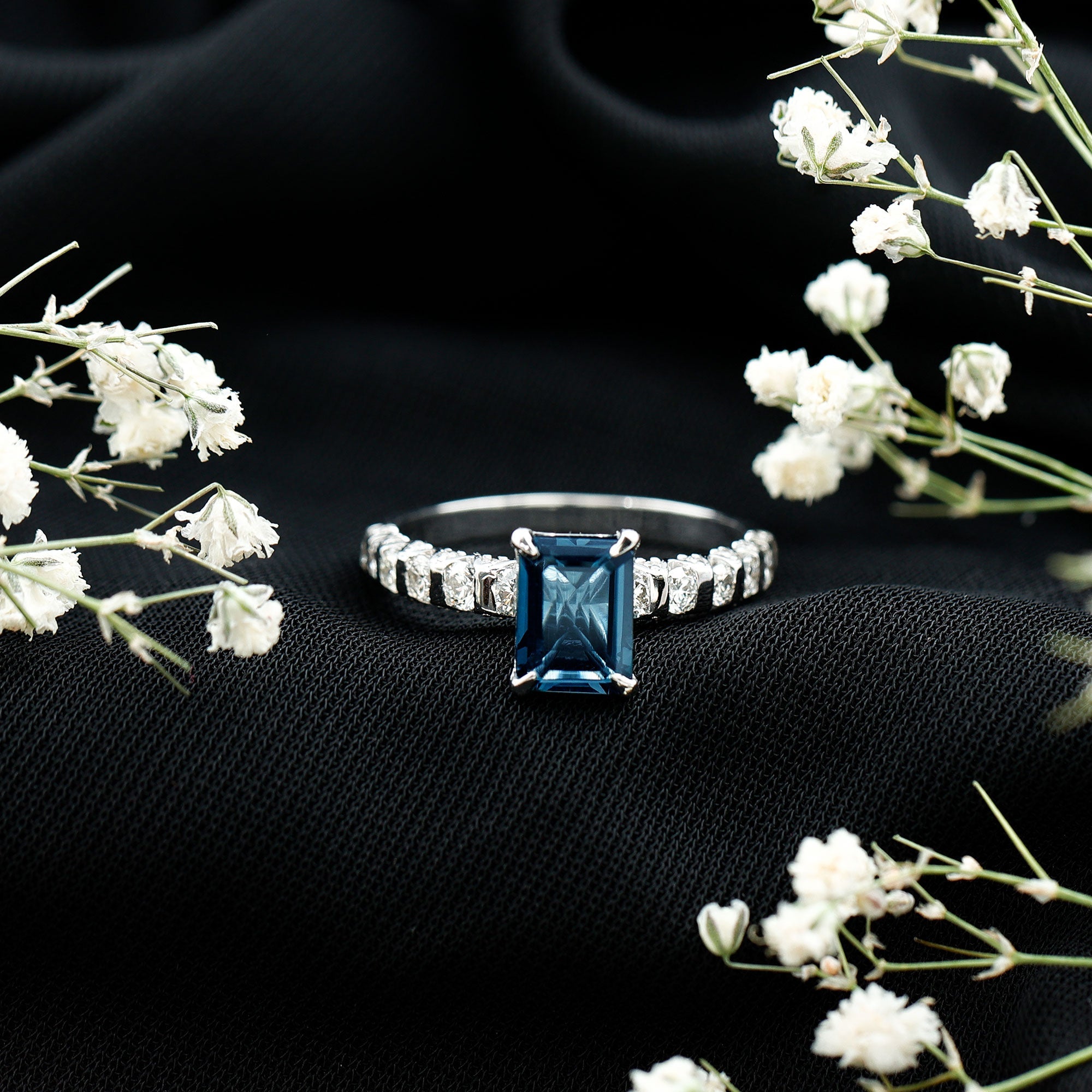 2.25 Carat Emerald Cut London Blue Topaz Engagement Ring with Diamond Side Stones