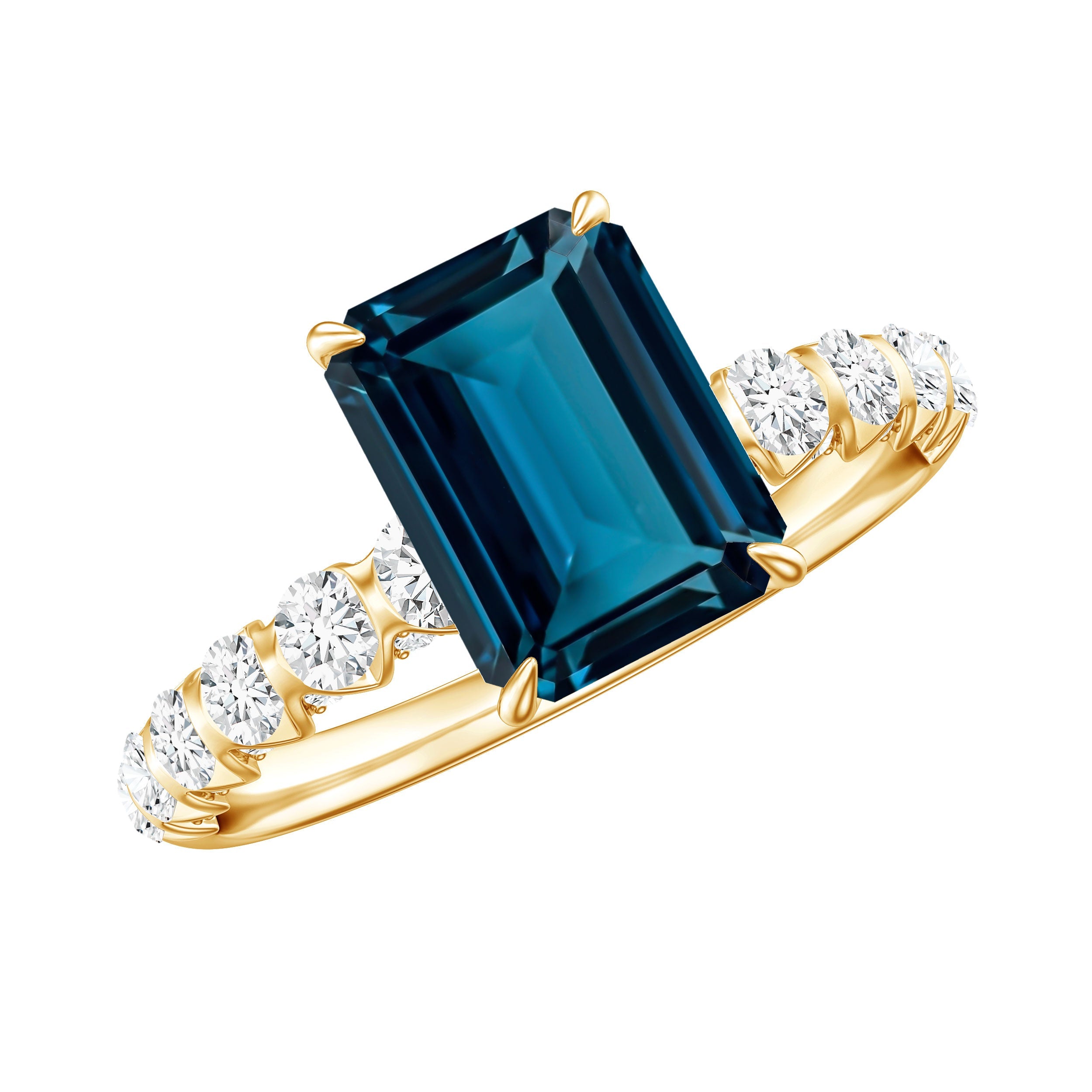 2.25 Carat Emerald Cut London Blue Topaz Engagement Ring with Diamond Side Stones