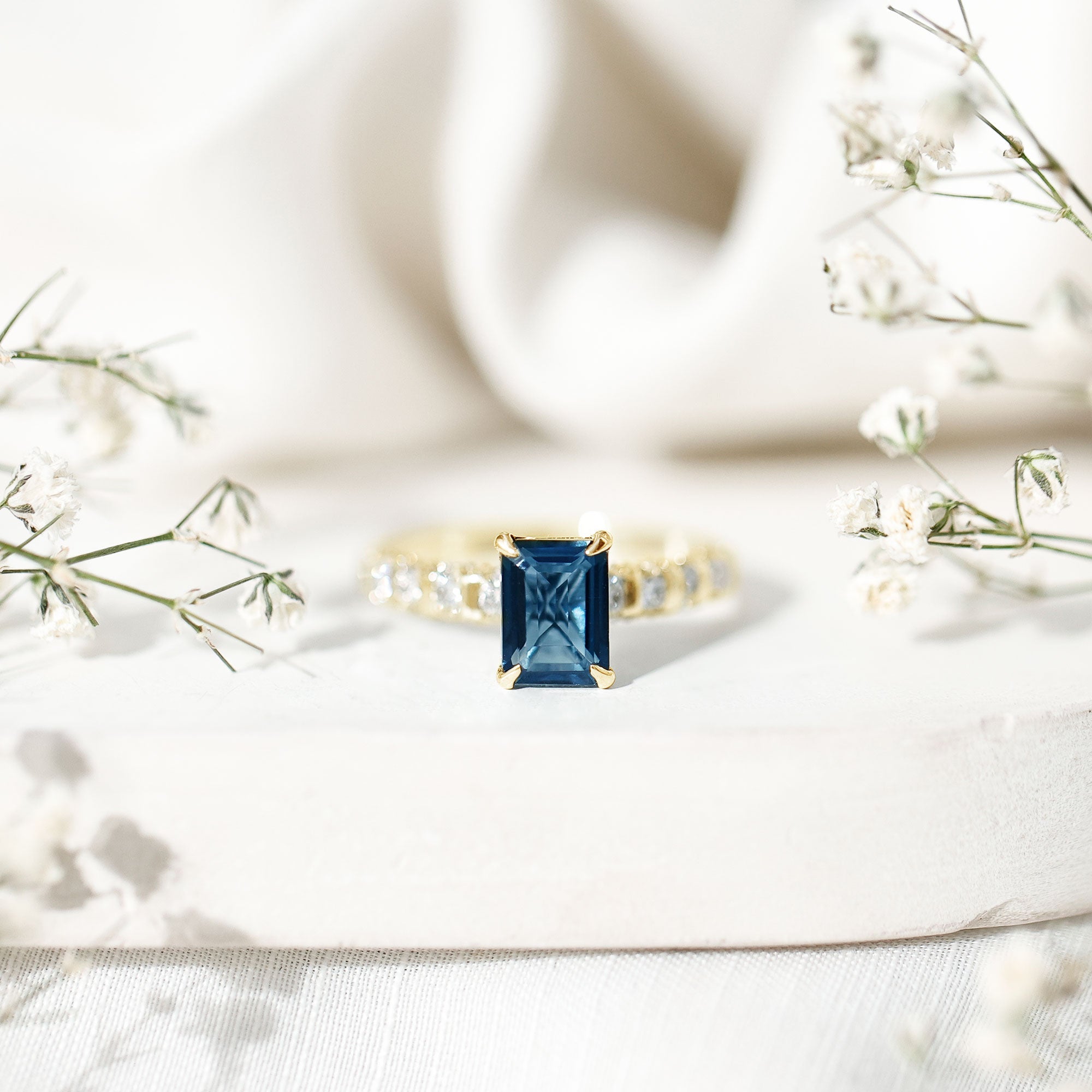 2.25 Carat Emerald Cut London Blue Topaz Engagement Ring with Diamond Side Stones