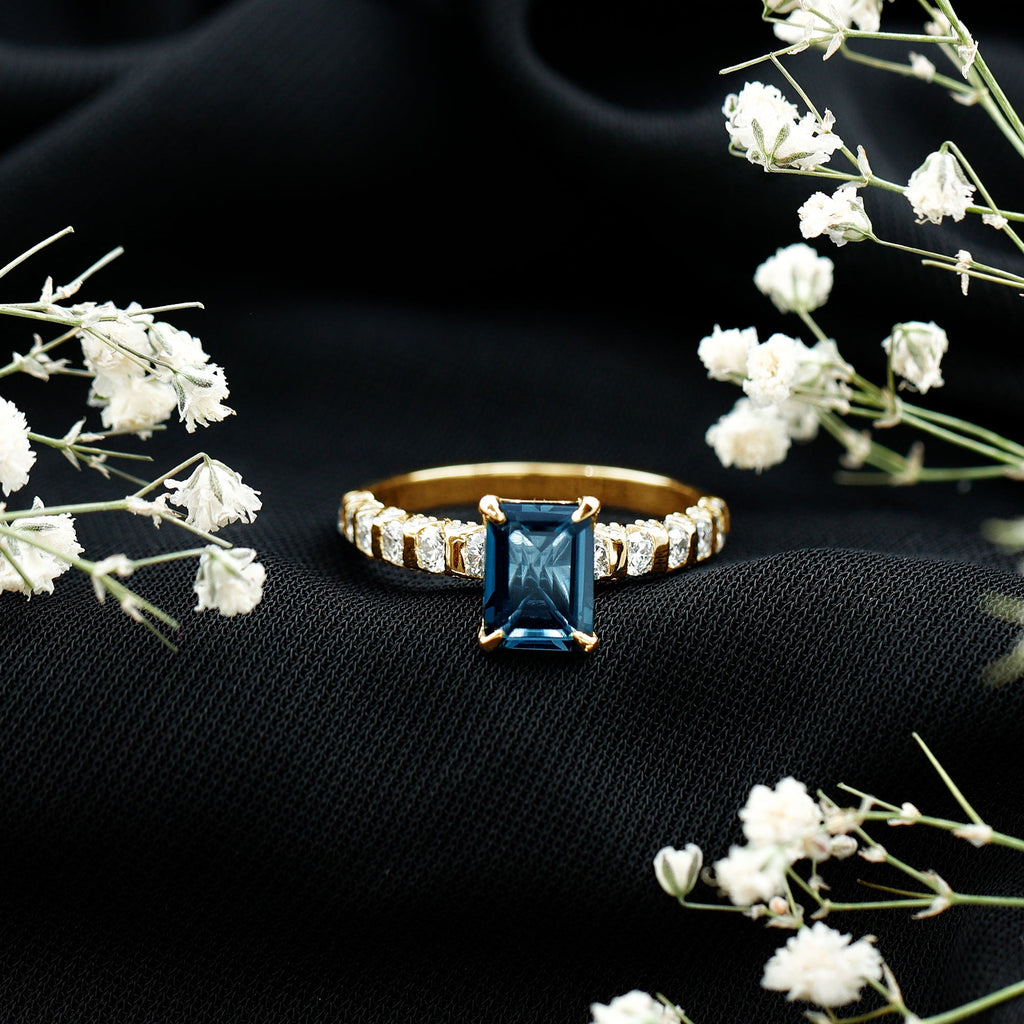 2.25 Carat Emerald Cut London Blue Topaz Engagement Ring with Diamond Side Stones