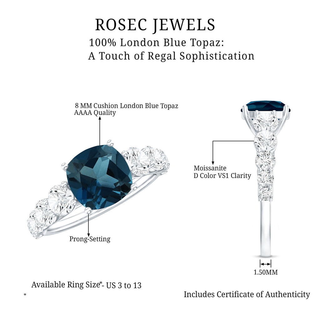 2.8 Carat Cushion Cut London Blue Topaz Solitaire Engagement Ring with Moissanite Side Stones