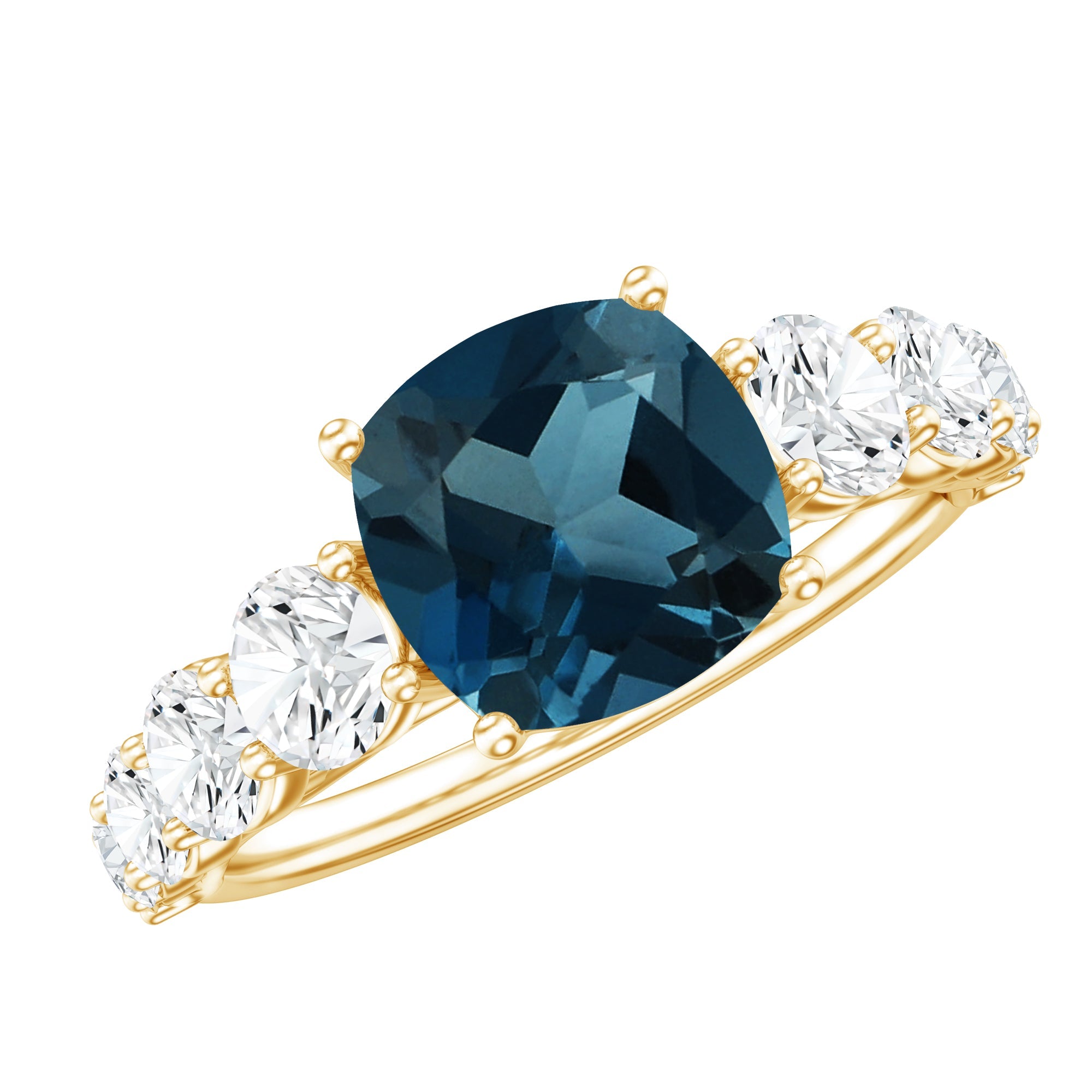 2.8 Carat Cushion Cut London Blue Topaz Solitaire Engagement Ring with Moissanite Side Stones