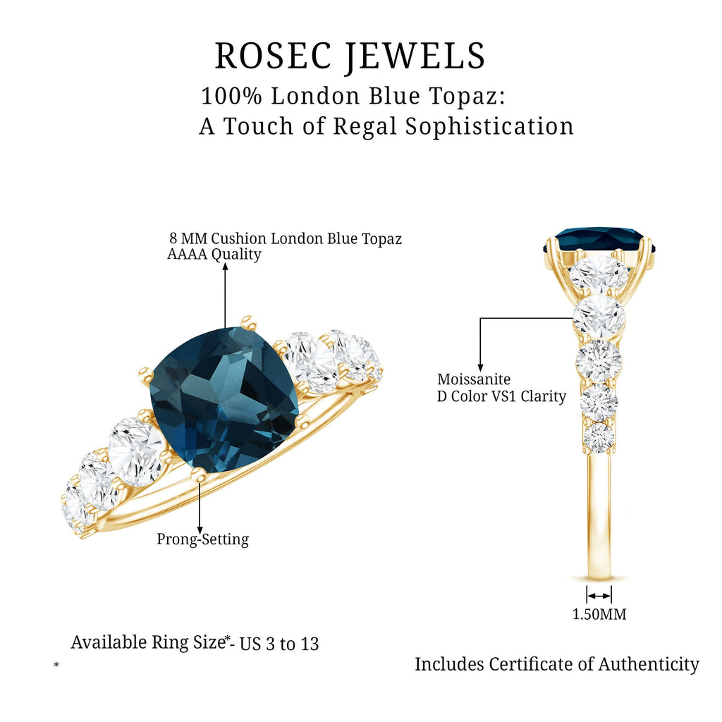 2.8 Carat Cushion Cut London Blue Topaz Solitaire Engagement Ring with Moissanite Side Stones