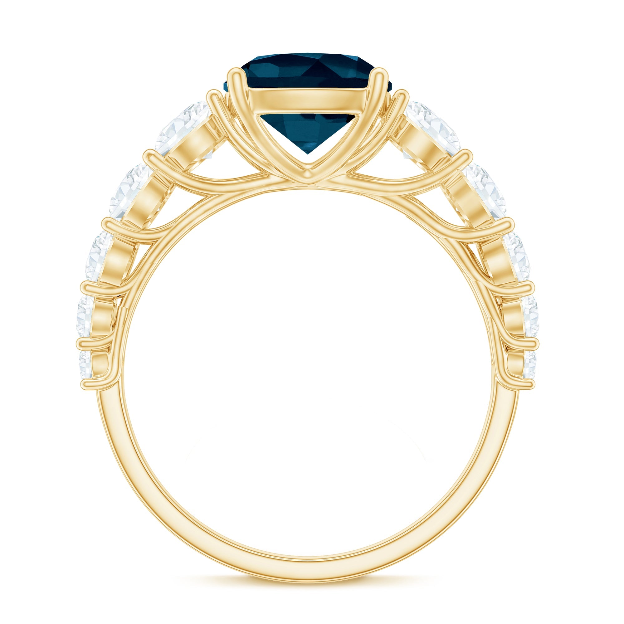2.8 Carat Cushion Cut London Blue Topaz Solitaire Engagement Ring with Moissanite Side Stones