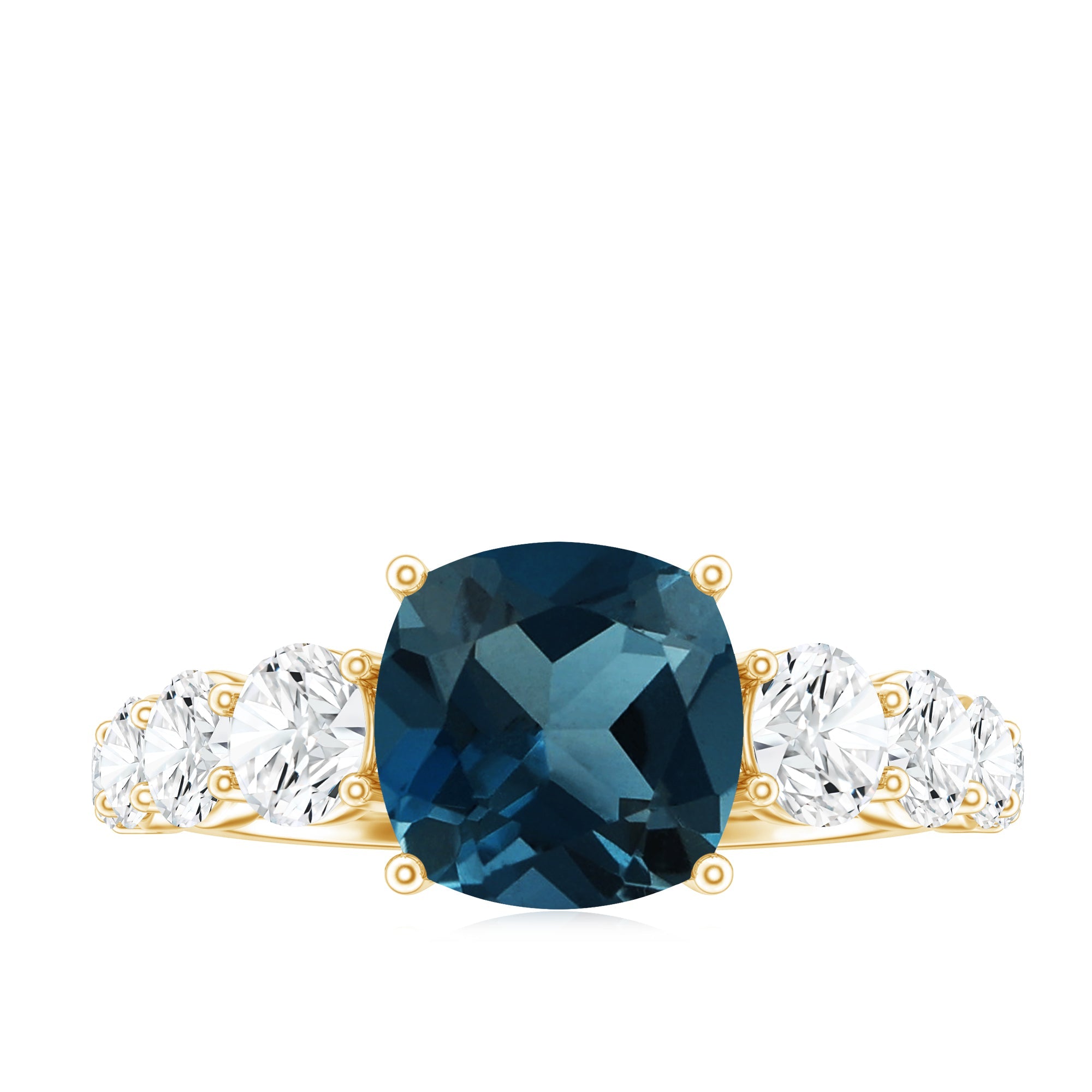 2.8 Carat Cushion Cut London Blue Topaz Solitaire Engagement Ring with Moissanite Side Stones