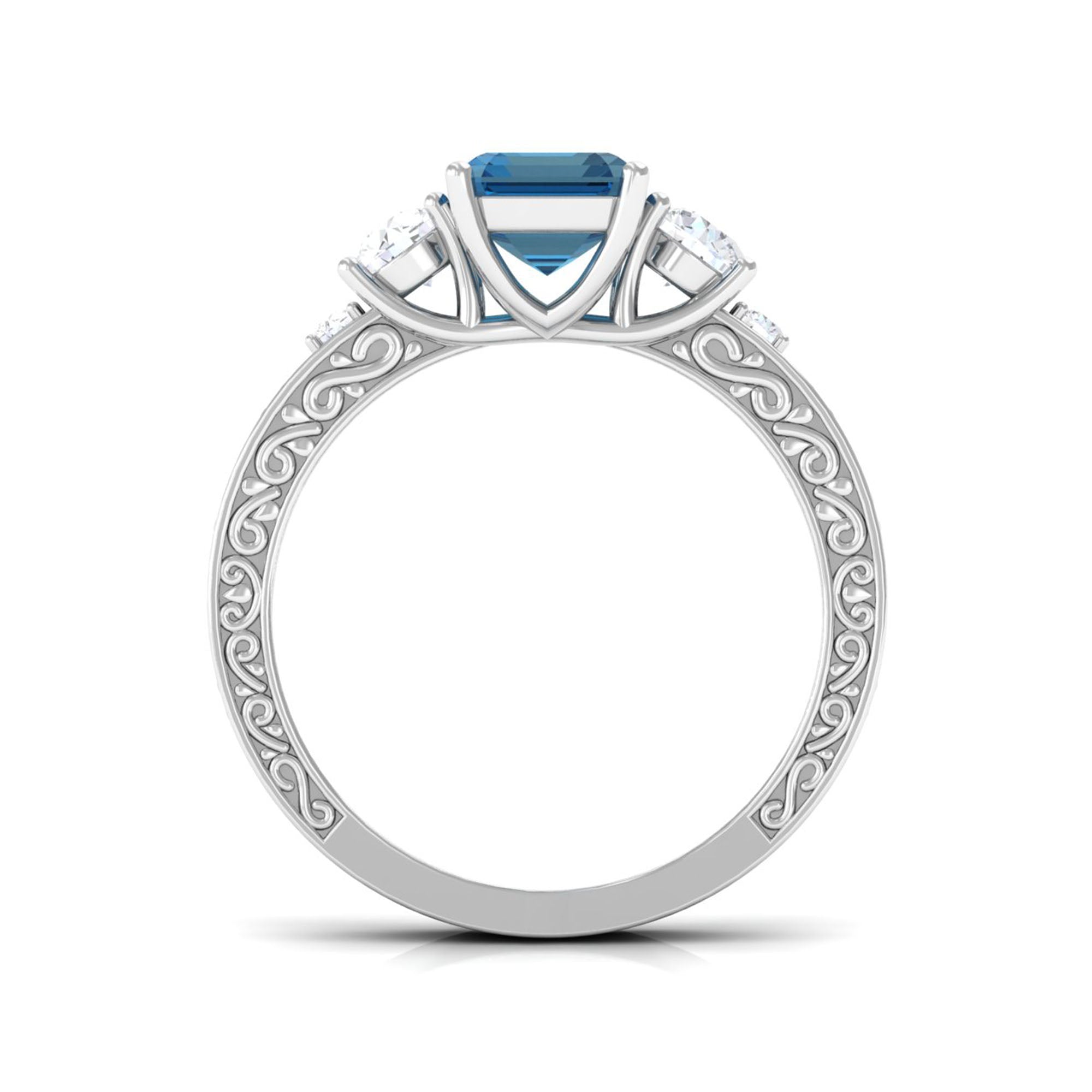 2.25 Carat Emerald Cut London Blue Topaz Statement Ring with Engraved Shank