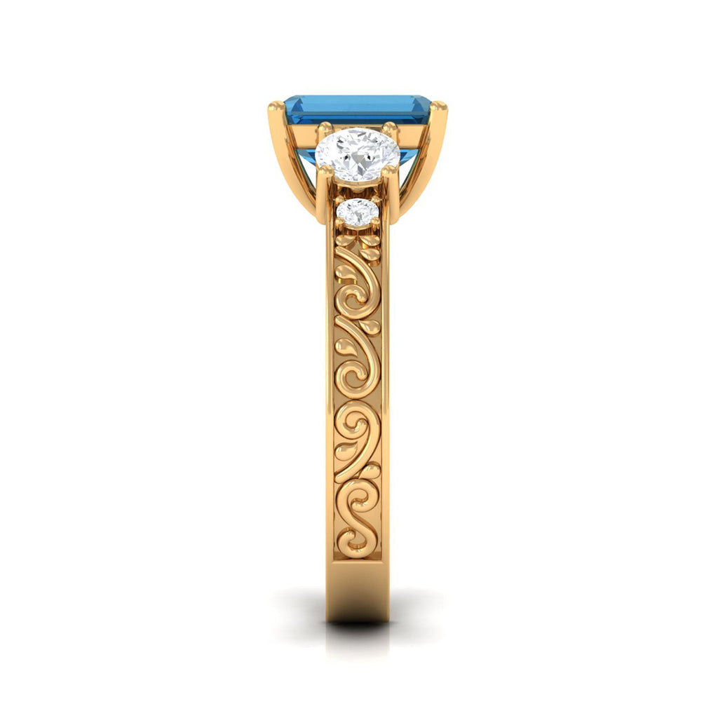 2.25 Carat Emerald Cut London Blue Topaz Statement Ring with Engraved Shank