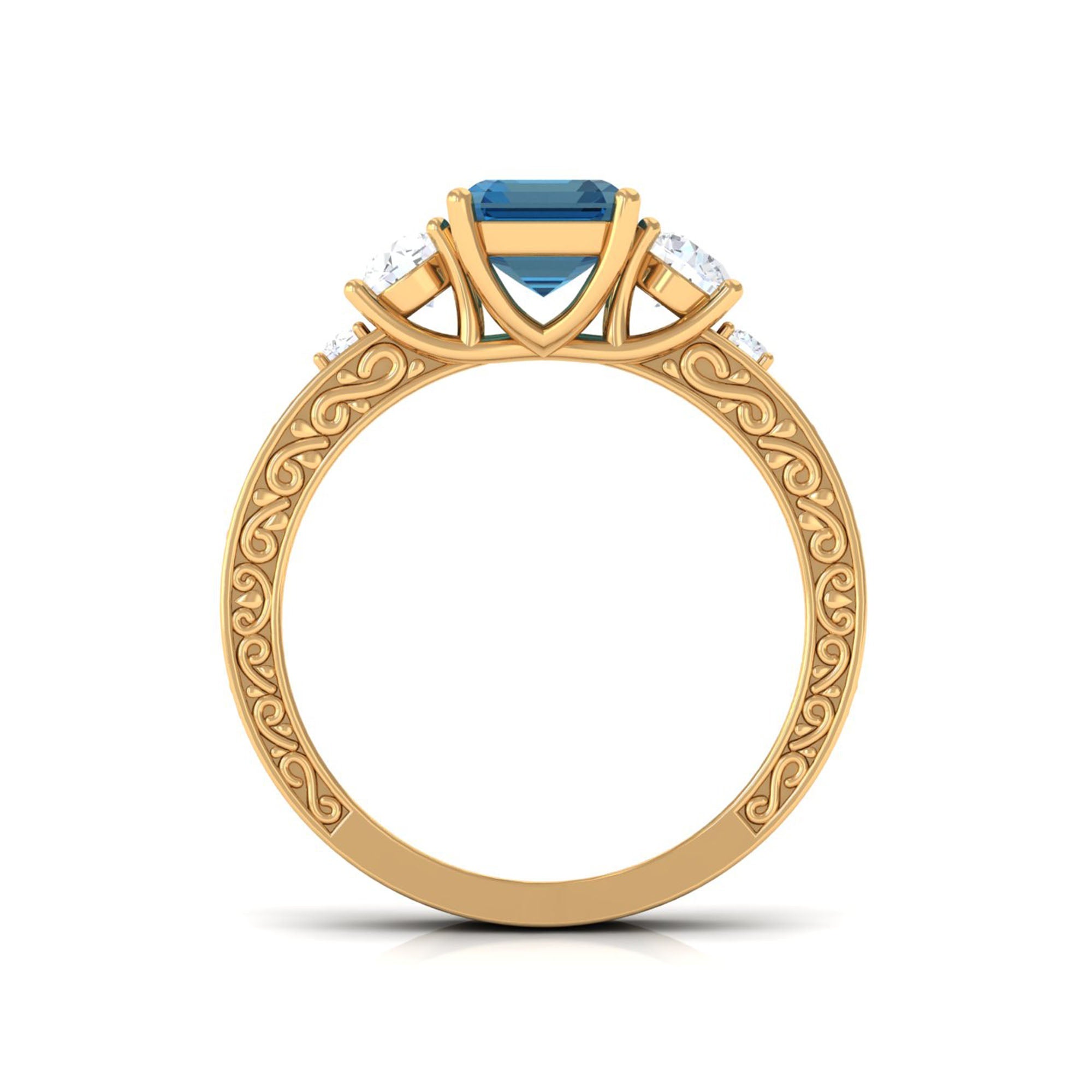 2.25 Carat Emerald Cut London Blue Topaz Statement Ring with Engraved Shank