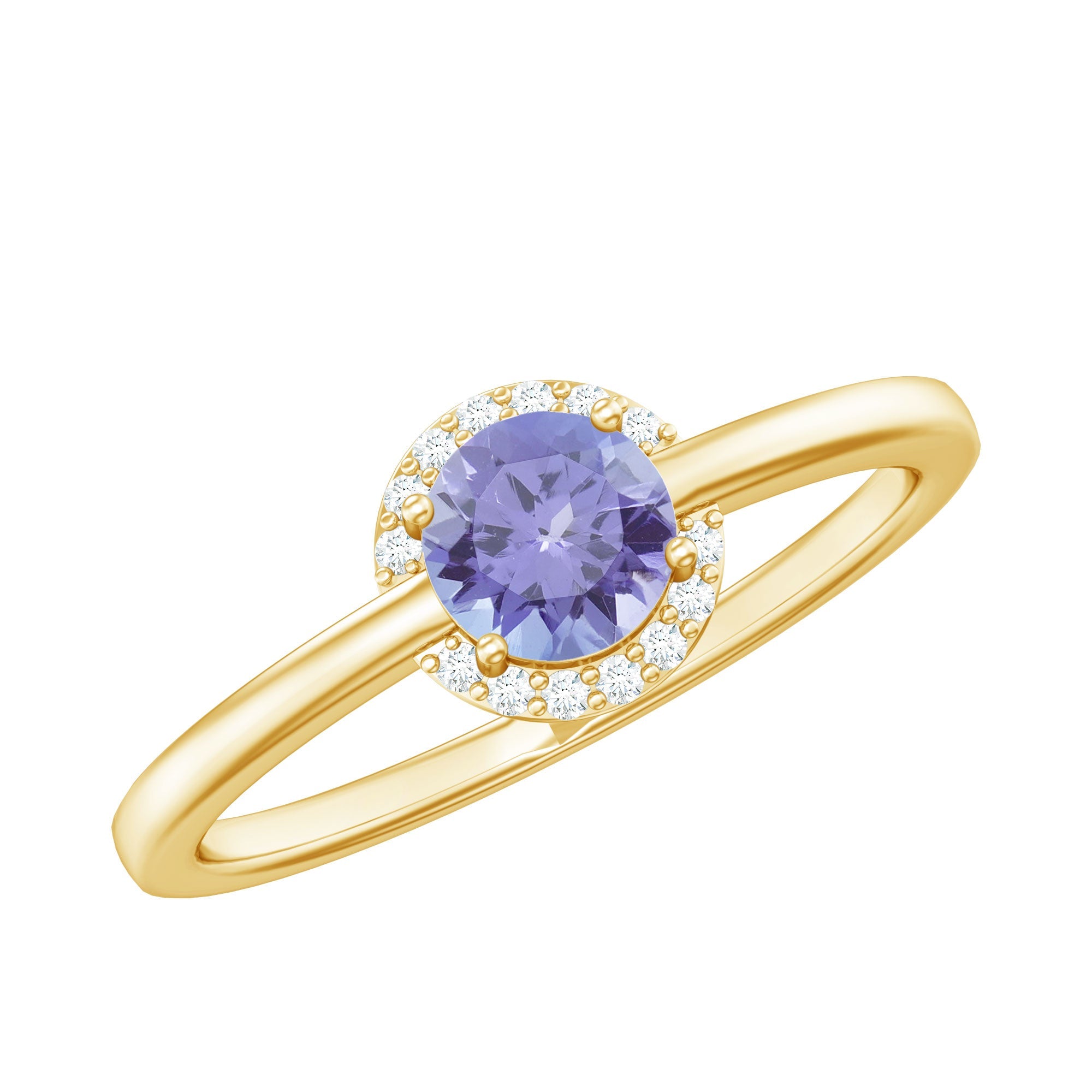 Tanzanite Engagement Ring – 5mm Round Natural Tanzanite with Diamond Halo Setting