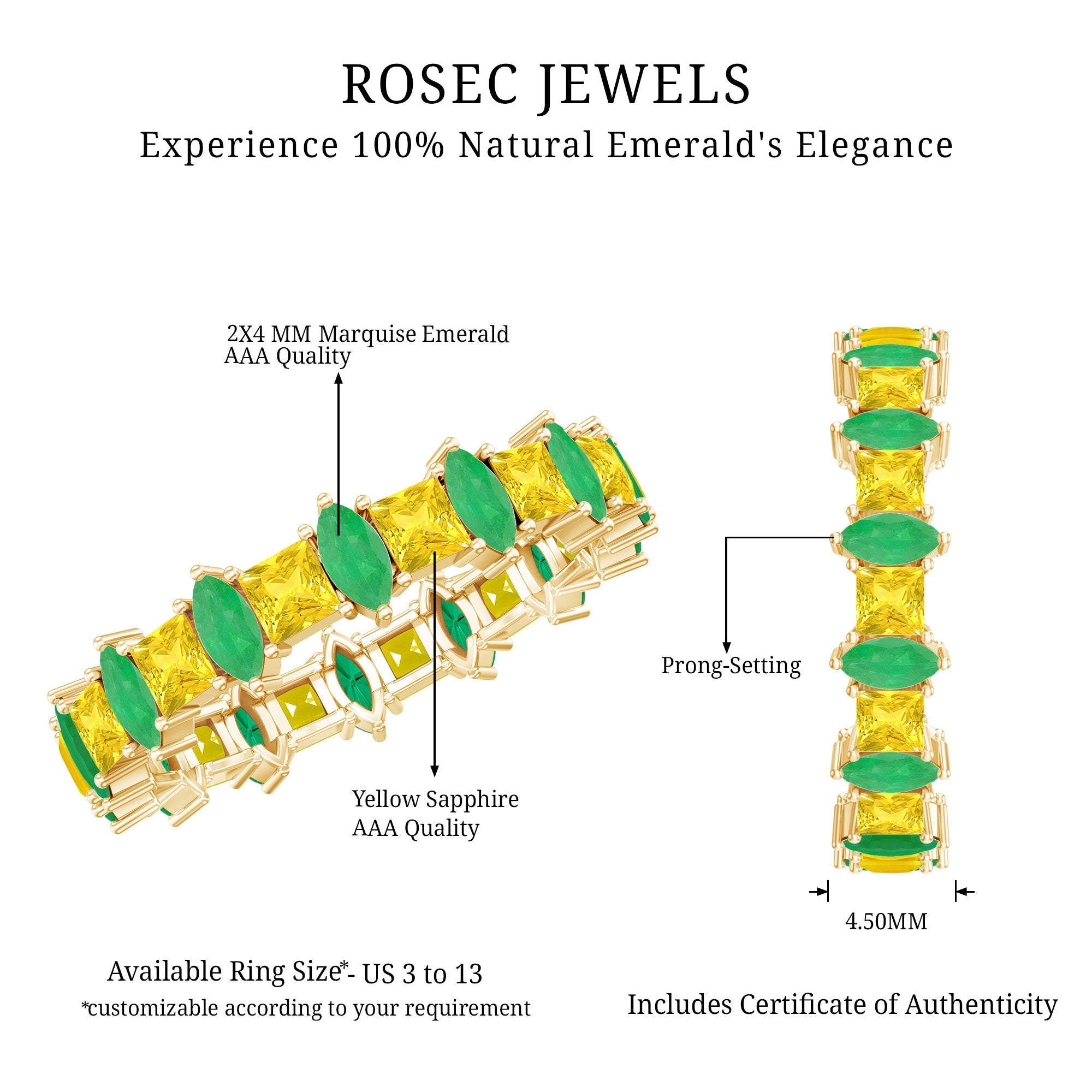 Emerald Eternity Band – Prong Setting Jewelry With Yellow Sapphire & Emerald And Sapphire Ring