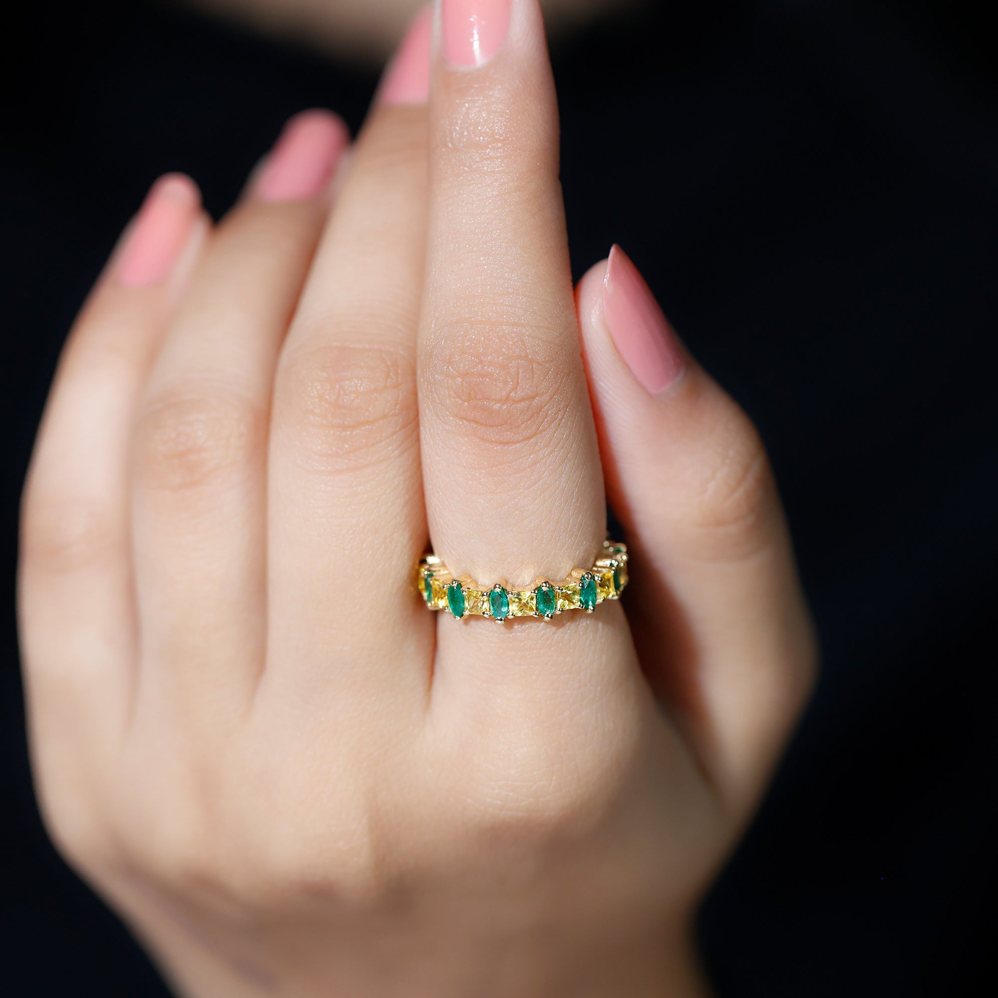 Emerald Eternity Band – Prong Setting Jewelry With Yellow Sapphire & Emerald And Sapphire Ring