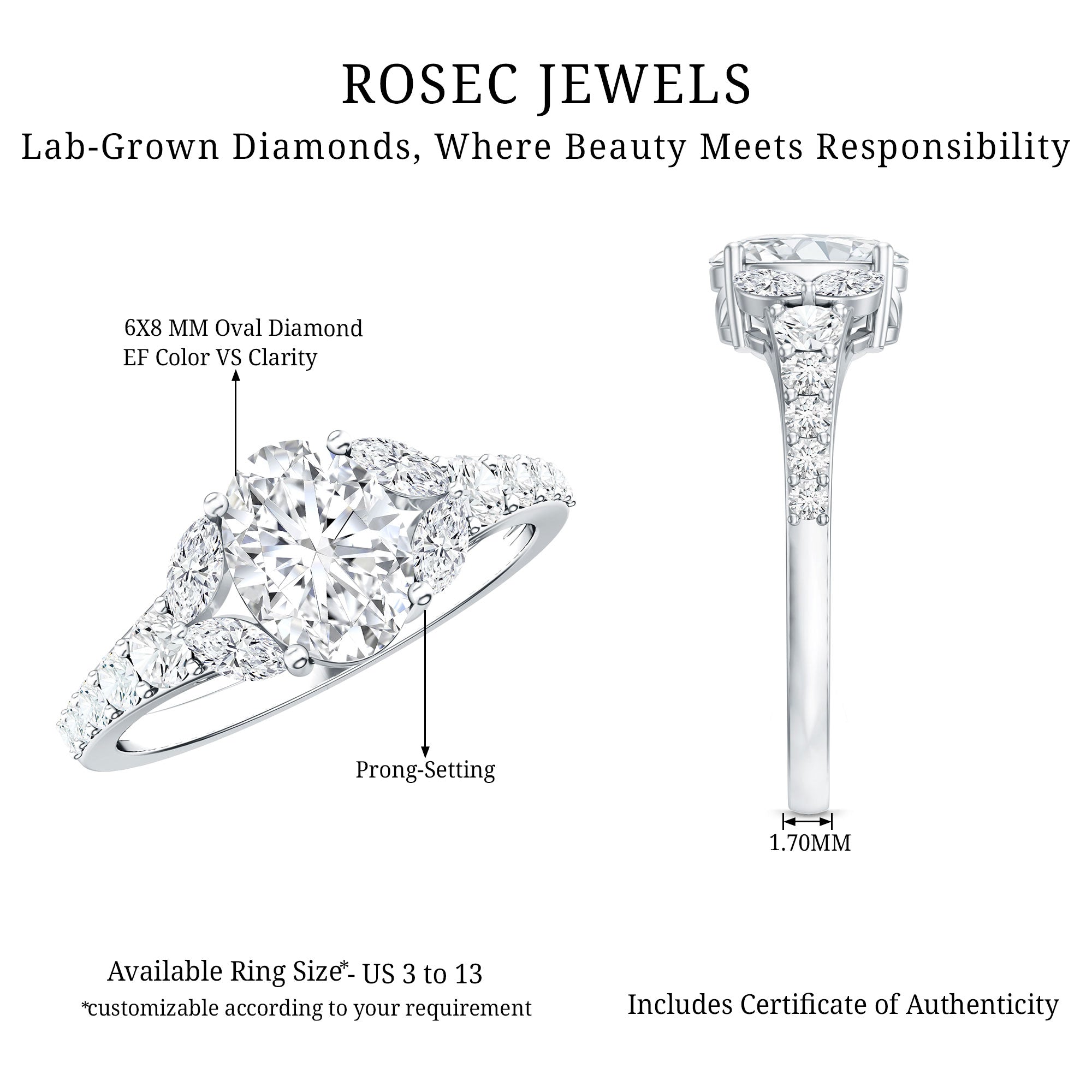 Certified 1 Carat Oval Lab Grown Diamond Engagement Ring With Side Stones