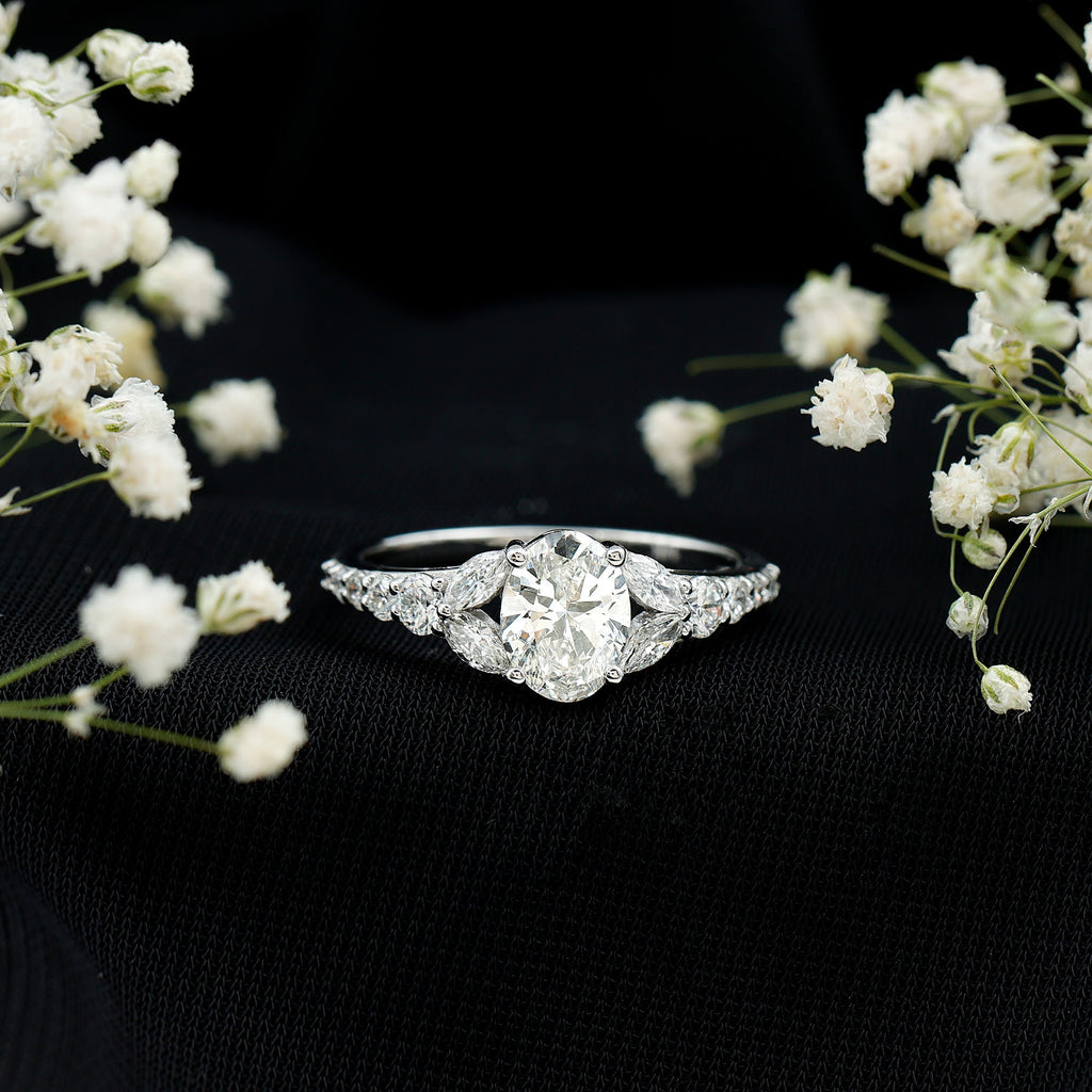 Certified 1 Carat Oval Lab Grown Diamond Engagement Ring With Side Stones