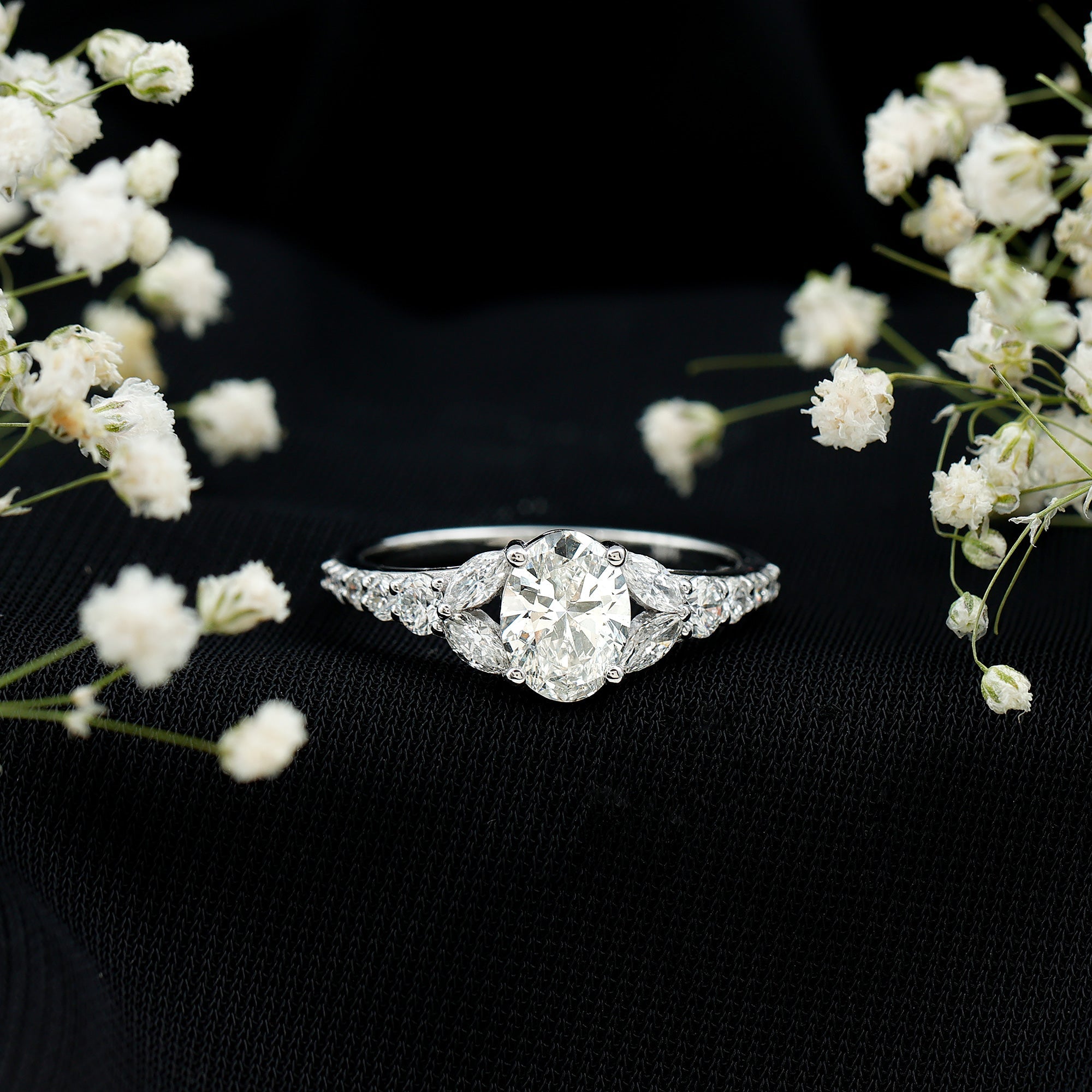 Certified 1 Carat Oval Lab Grown Diamond Engagement Ring With Side Stones