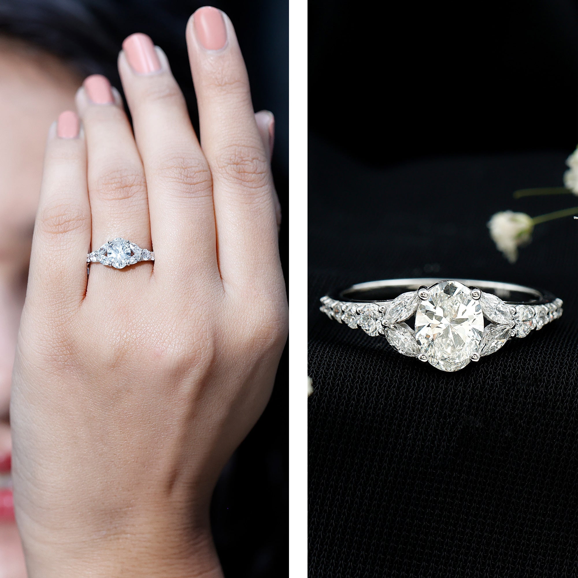 Certified 1 Carat Oval Lab Grown Diamond Engagement Ring With Side Stones