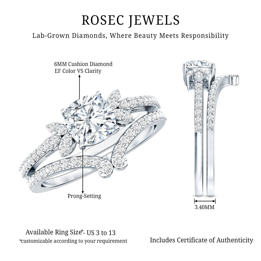 Certified 1.7 Carat Cushion Lab Grown Diamond Engagement Ring with Wedding Band