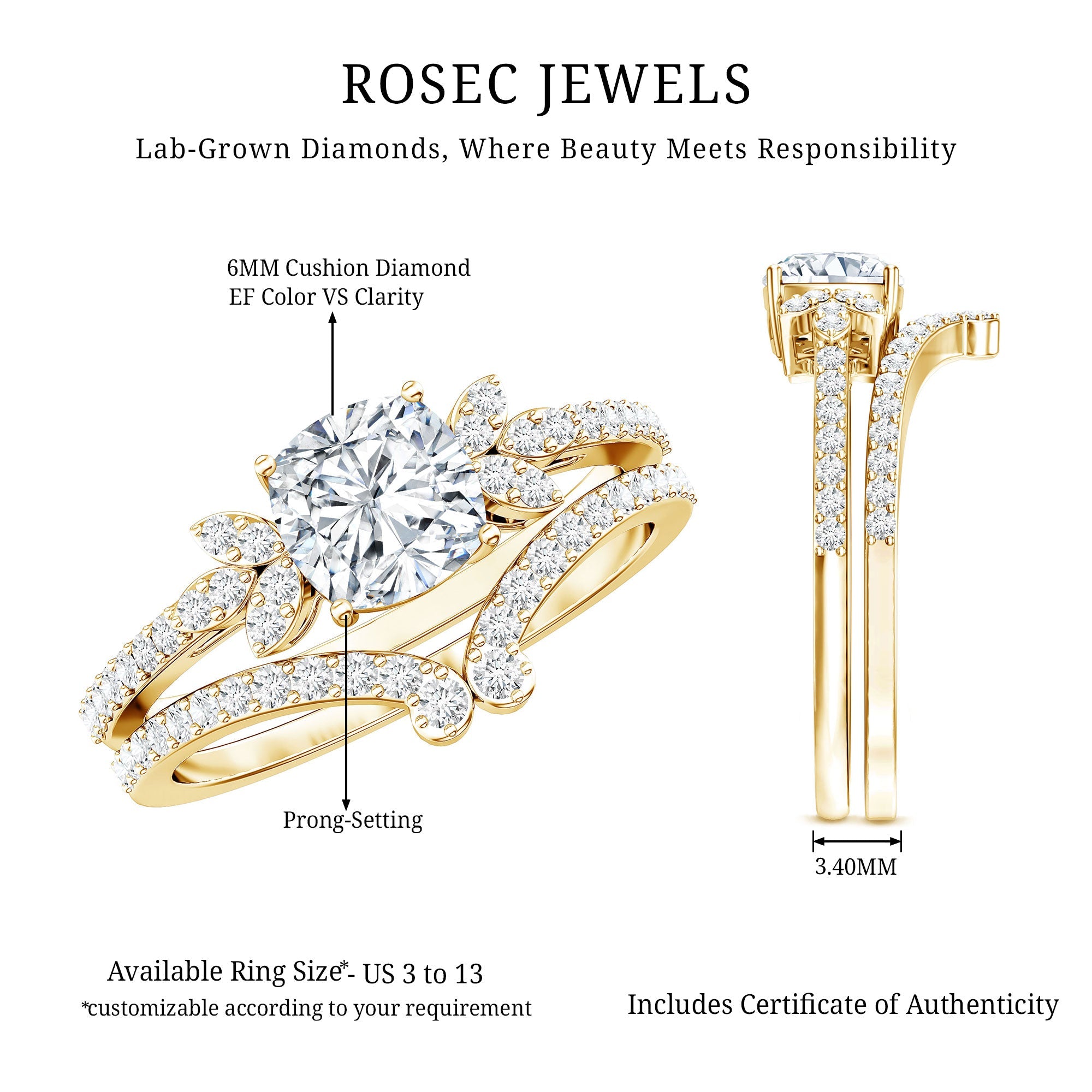 Certified 1.7 Carat Cushion Lab Grown Diamond Engagement Ring with Wedding Band