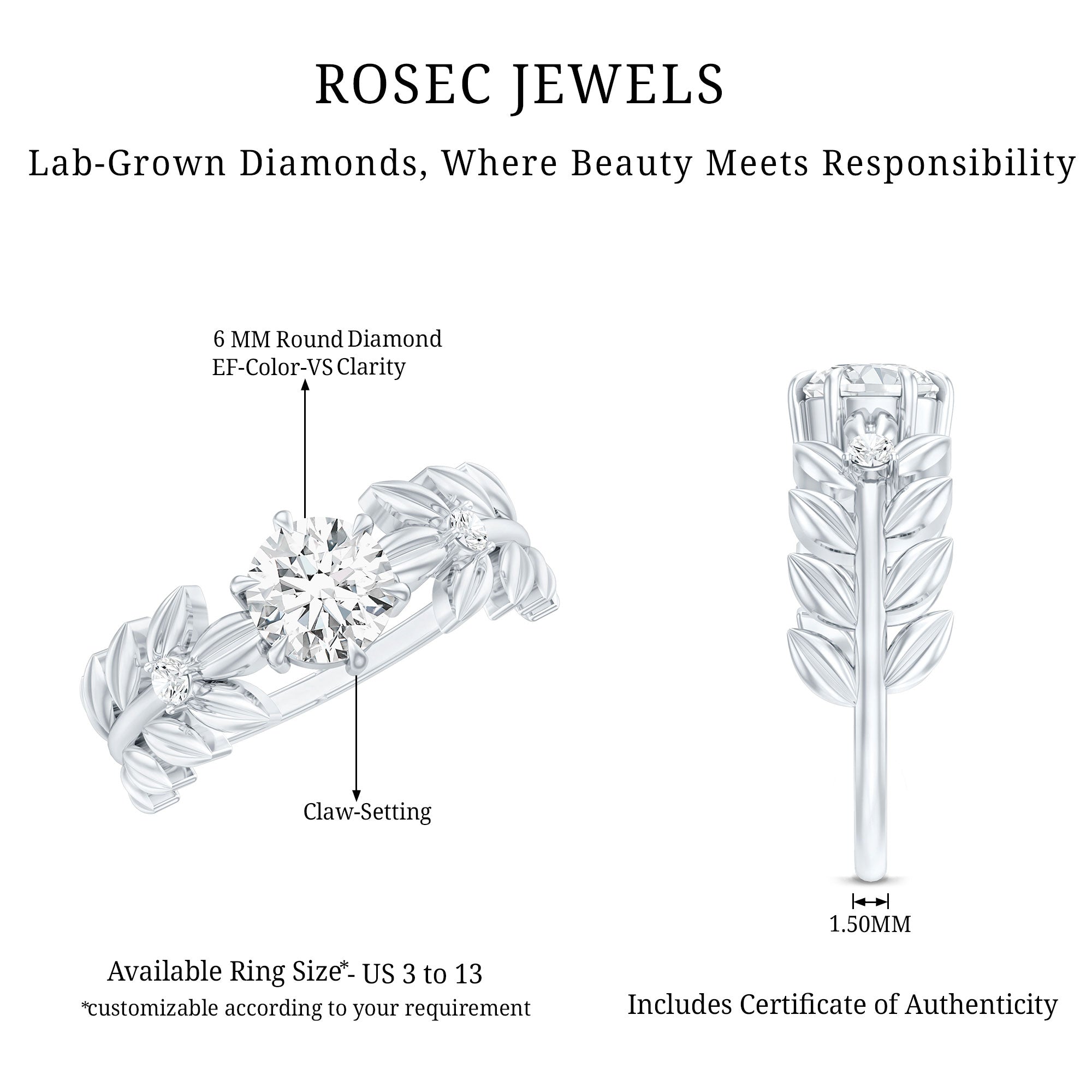 0.9 Carat Lab Grown Diamond Nature Inspired Engagement Ring