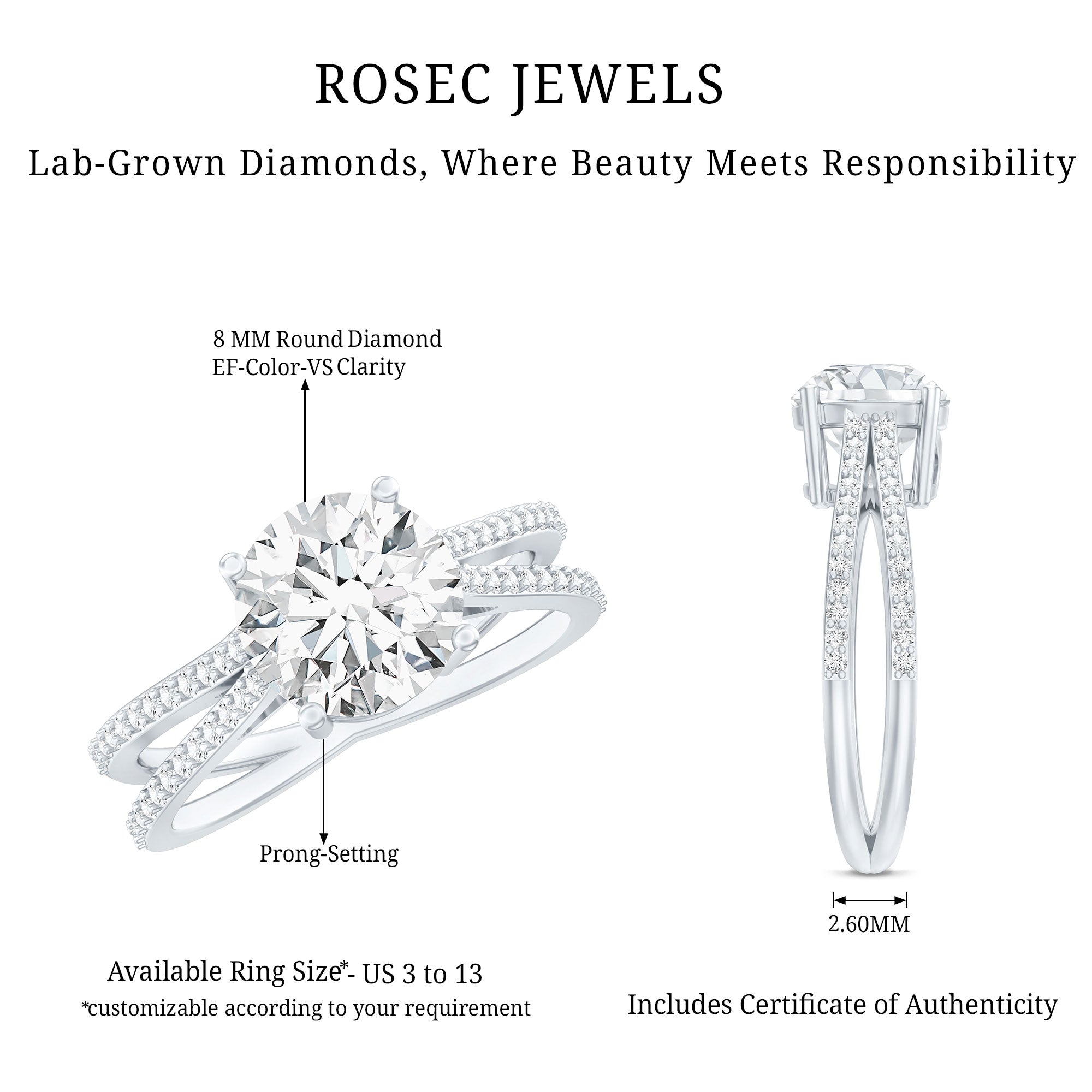 Certified 2 Carat Lab Grown Diamond Split Shank Engagement Ring