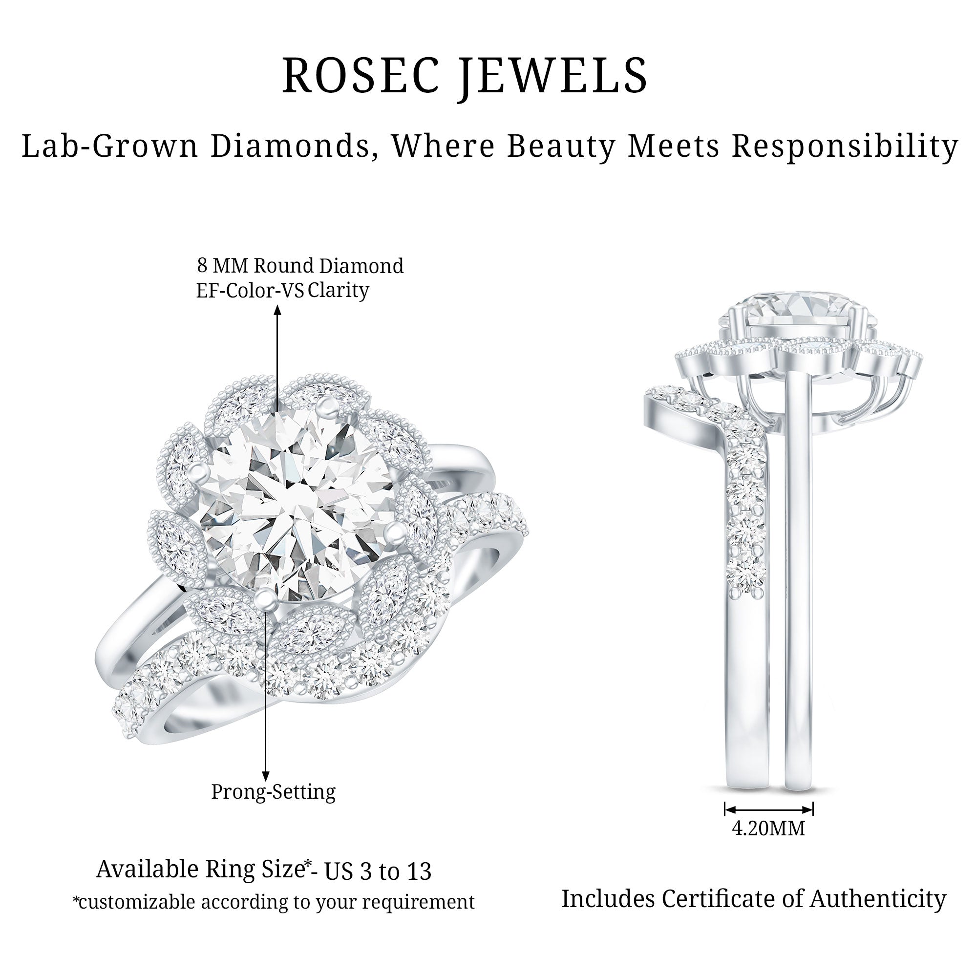 Lab Grown Diamond Vintage Inspired Engagement Ring with Wedding Band